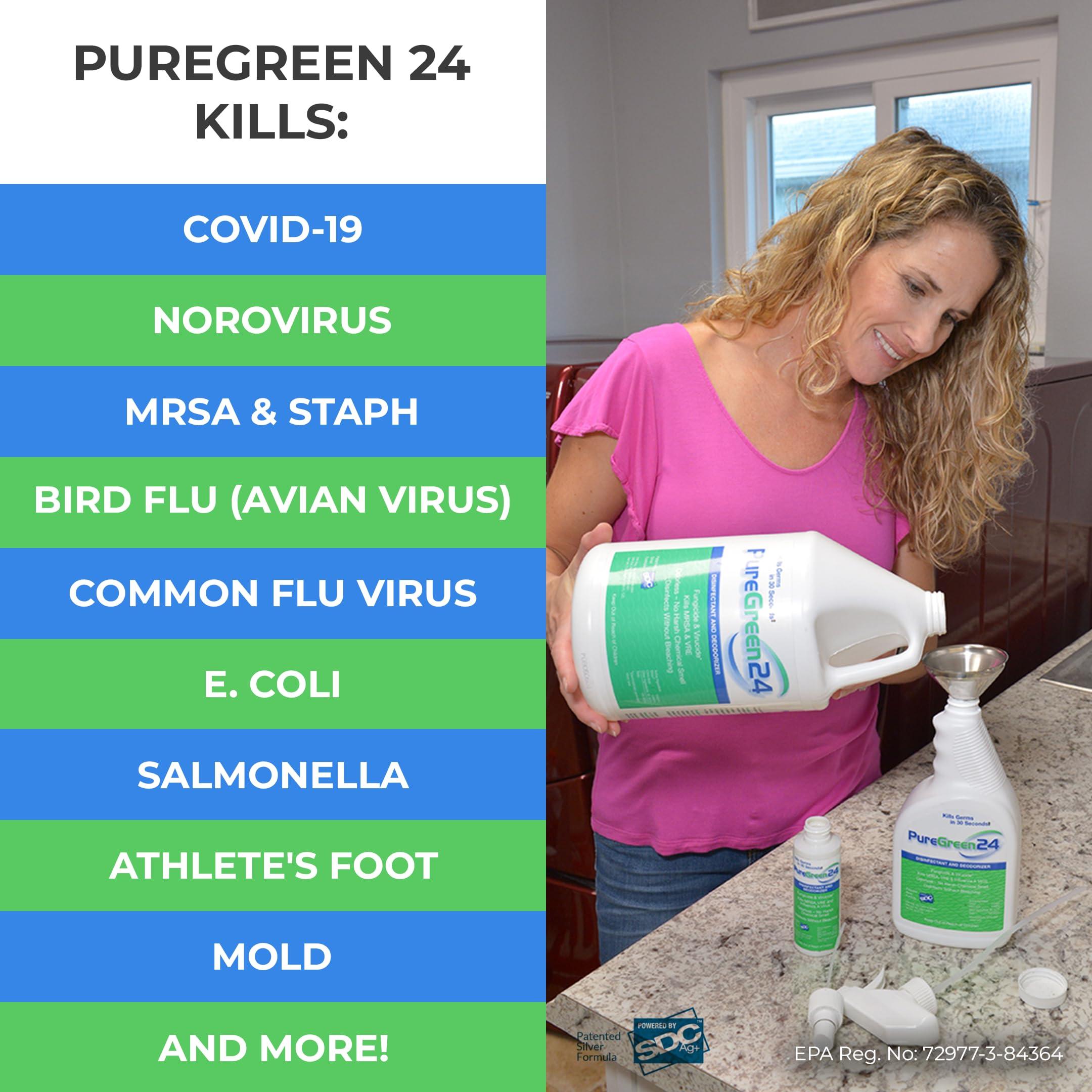 PURE GREEN 24 PureGreen24 Safe & Effective Disinfectant. Kills Deadly Germs including RSV COVID-19 Norovirus MRSA Staph 2025 flu Contains no toxic chemicals odorless child & pet safe 1 gallon bottle ready to use