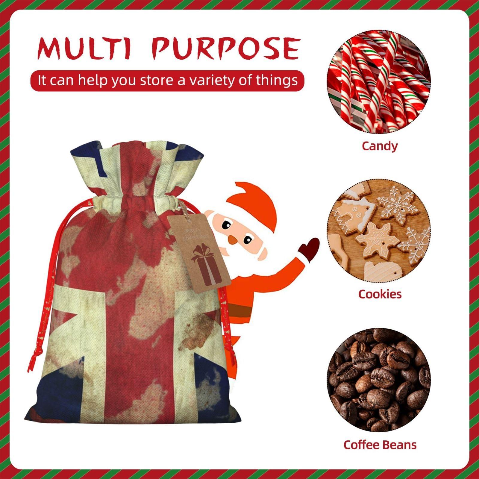 LZQPOEAS LZQPOEAS Vintage Union Jack British Flag Christmas Gift Bags with Drawstring Christmas Bags Gift Wrapping Bags for Xmas Holiday Party Candy Bag for Christmas Favor Bags for Xmas Presents