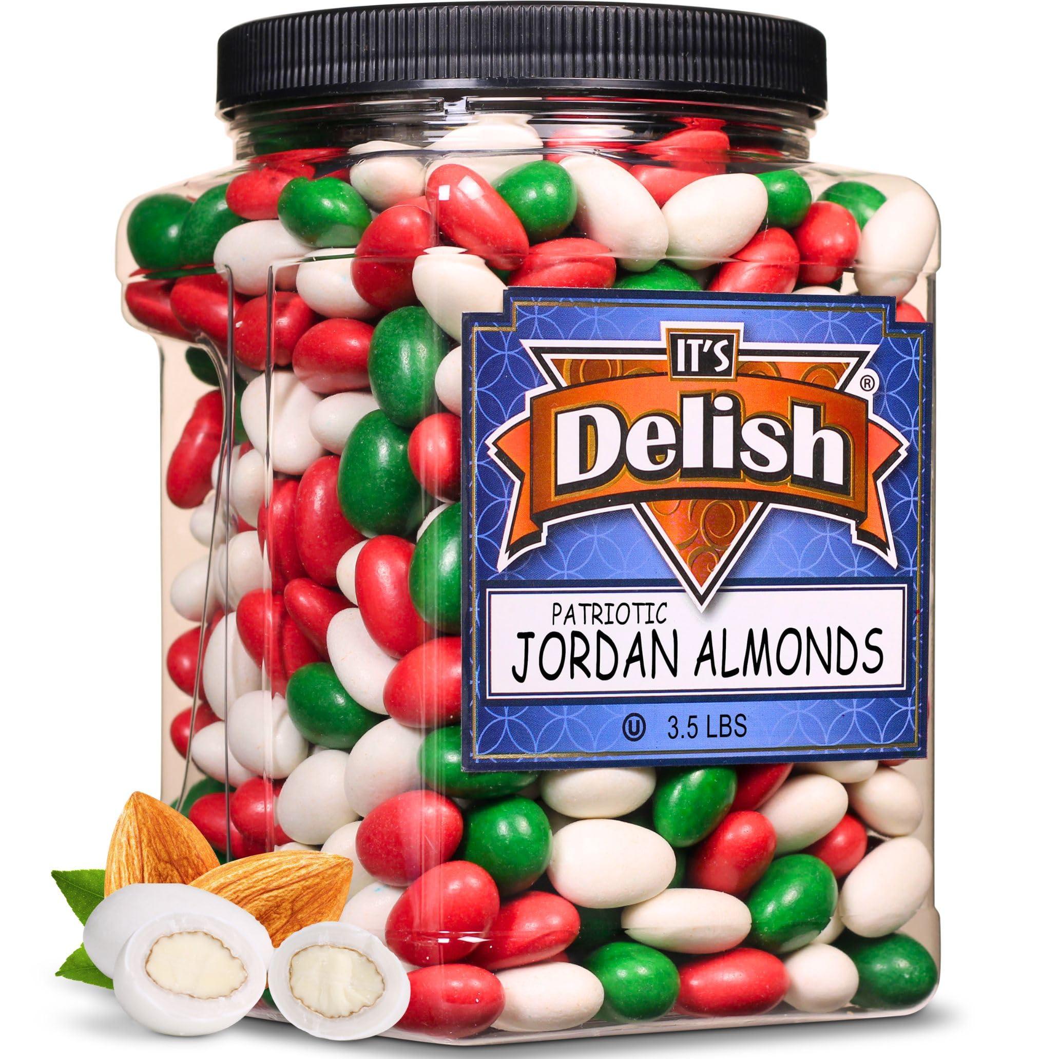 It's Delish Christmas White, Red & Green Jordan Almonds by Its Delish, 3.5 lbs. Jumbo Reusable Container | Candied Almonds with Sweet Hard Candy Coating - Perfect for Christmas Themed Parties - USA Made & Vegan