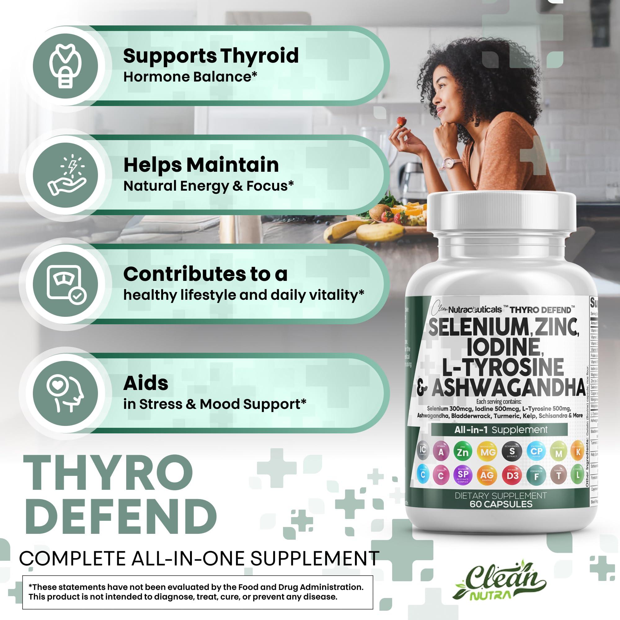Clean Nutraceuticals Clean Nutra Selenium 300mcg Iodine 500mcg Thyroid Support for Women & Men | L Tyrosine 500mg Ashwagandha Supplement Bladderwrack, Turmeric, Kelp, Schisandra Zinc Pills Capsule Supplements