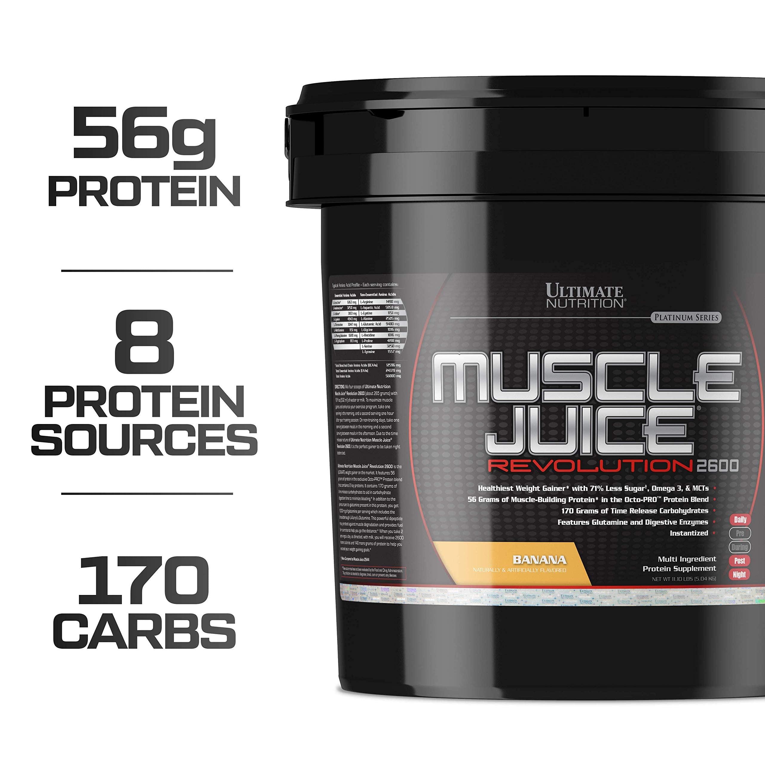 Ultimate Nutrition Ultimate Nutrition Muscle Juice Revolution 2600 Weight Gainer, Muscle Recovery with Glutamine, Micellar Casein and Time Release Complex Carbohydrates, Banana Protein Powder, 11.1 Pounds