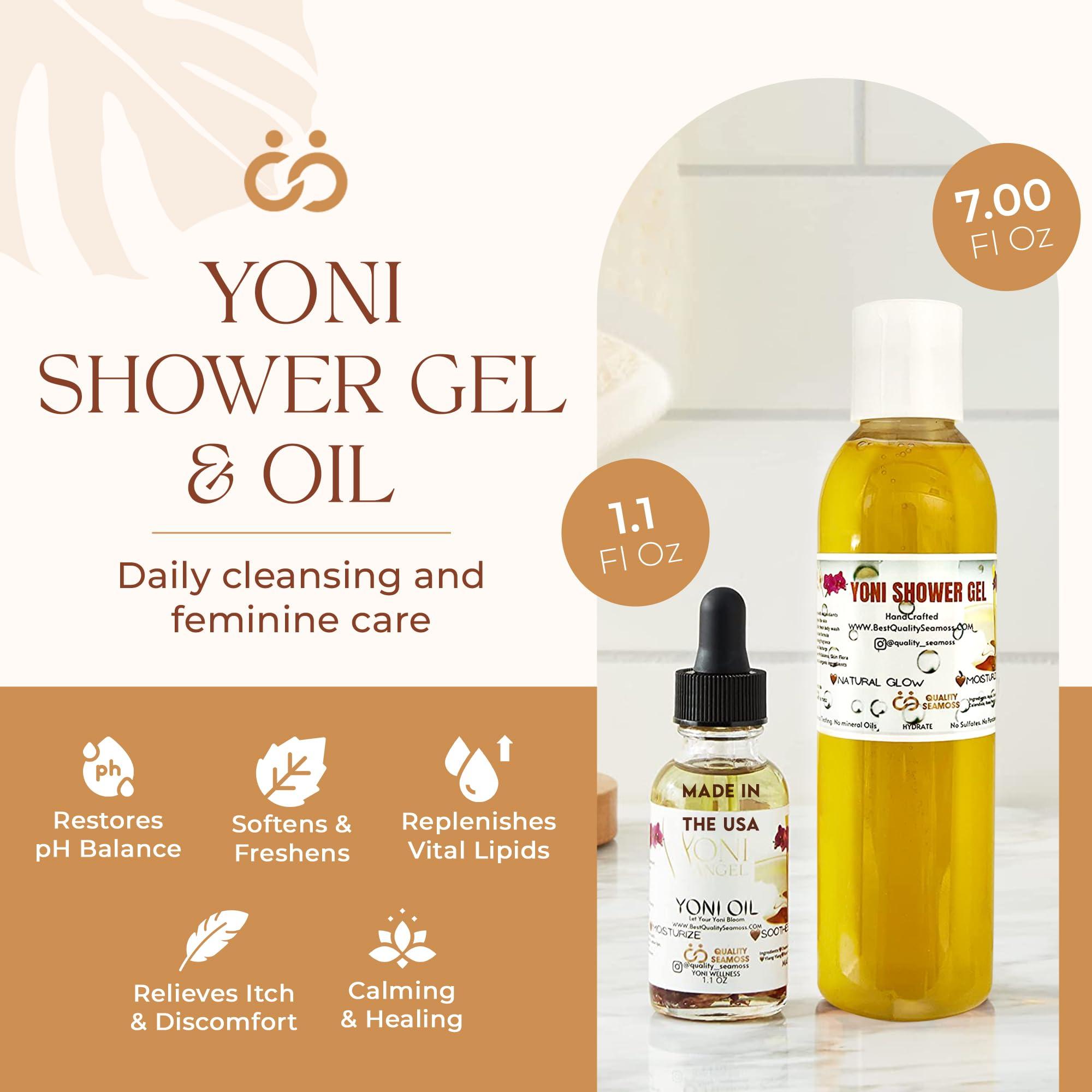 Quality Seamoss and Yoni Oil Yoni Wash Shower Gel (7 oz) and Yoni Oil (1.1 oz) Bundle, Includes Body Wash for Cleansing and Feminine Care Oil for pH Balance and Odor Control, Natural Feminine Hygiene Products, Body Care Bundle
