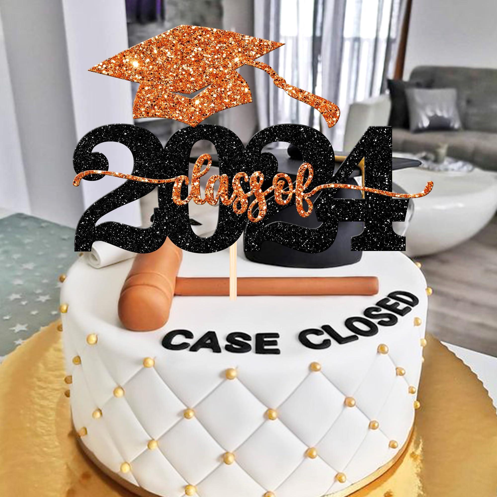 ZHUOWEISM 1 PCS Class of 2024 Cake Topper Black Glitter 2024 Graduation Cake Pick Congrats Grad Cap 2024 Cake Decoration for 2024 College Graduation Theme Party Decorations Supplies Orange
