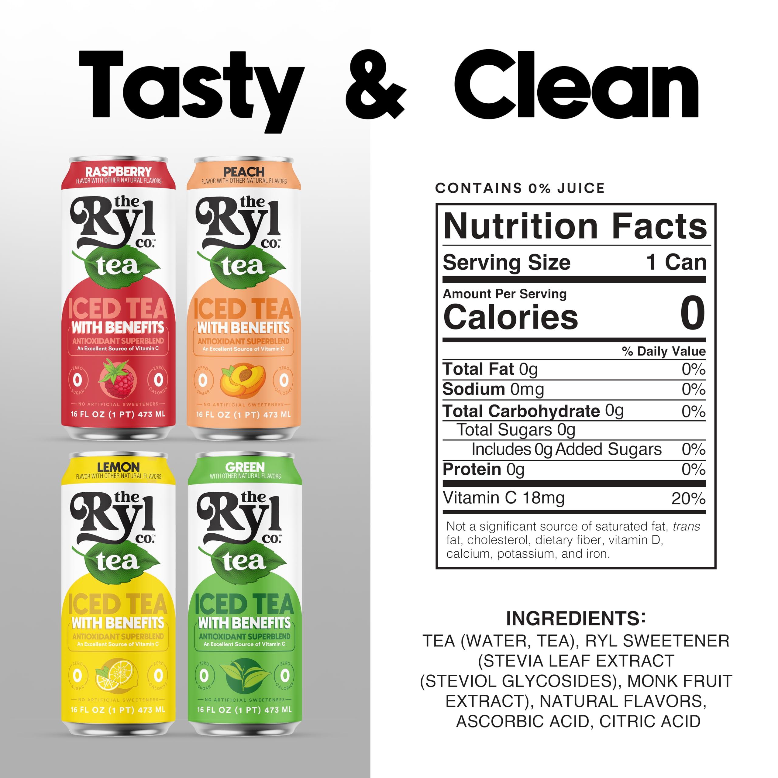 The Ryl Co Ryl Iced Tea, Variety Pack, Antioxidant Superblend, Zero Sugar, Low Carb, Zero Calorie Iced Tea, 16.0 Fl Oz (12-Pack)