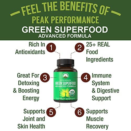 Peak Performance Coffee Organic Super Greens 150 Capsules - Green Juice Superfood Supplement with 25 All Natural Organic Ingredients. Max Energy and Detox Super Food Pills with Spirulina, Spinach, Kale, Turmeric, Probiotics