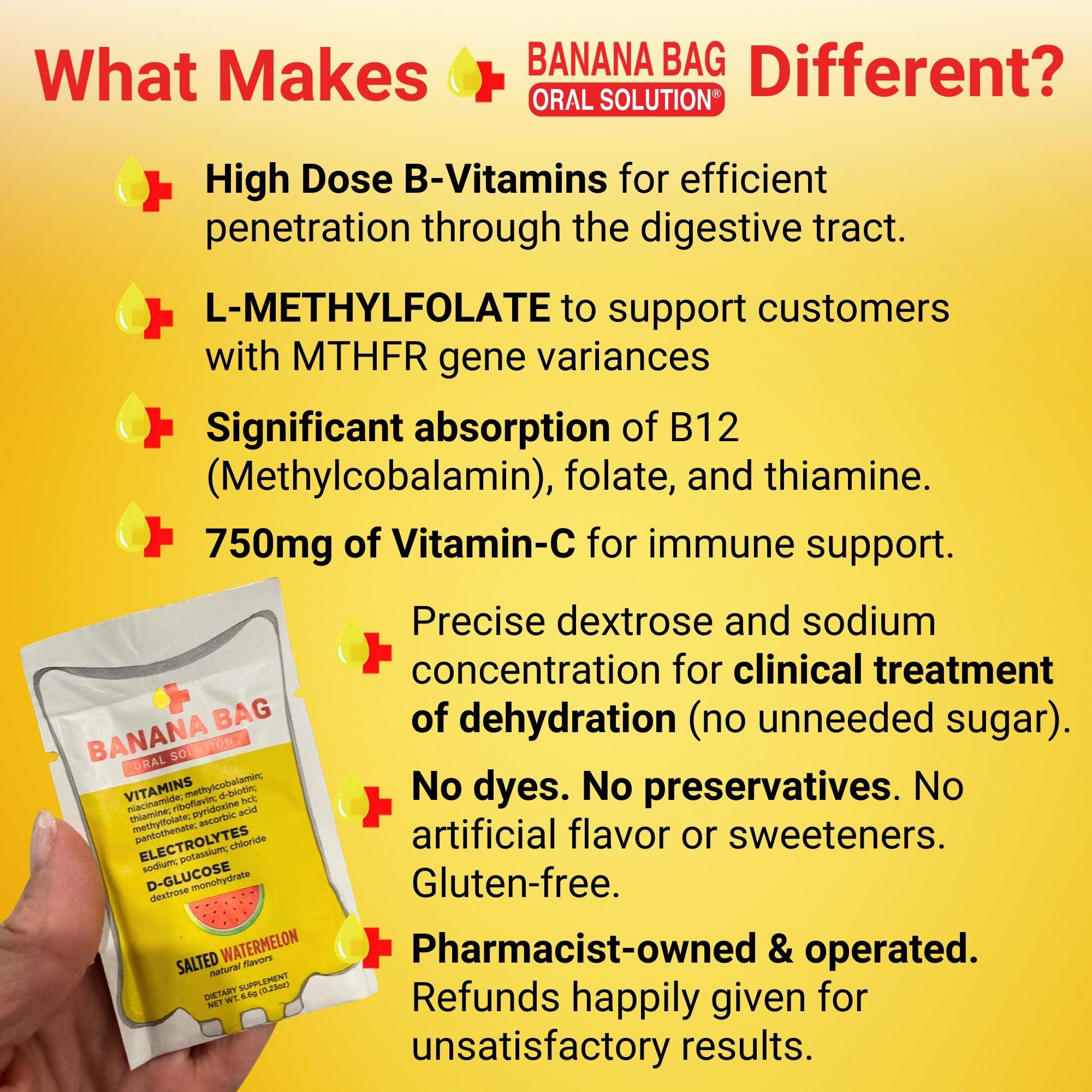 Banana Bag Oral Solution Banana Bag Oral Solution Packets Salted Watermelon 5pk | A Refreshing Blend of Electrolytes, Vitamin C, and B-Complex for Hydration and Energy. Convenient, Easy-to-Mix, and Perfect for Daily Use.