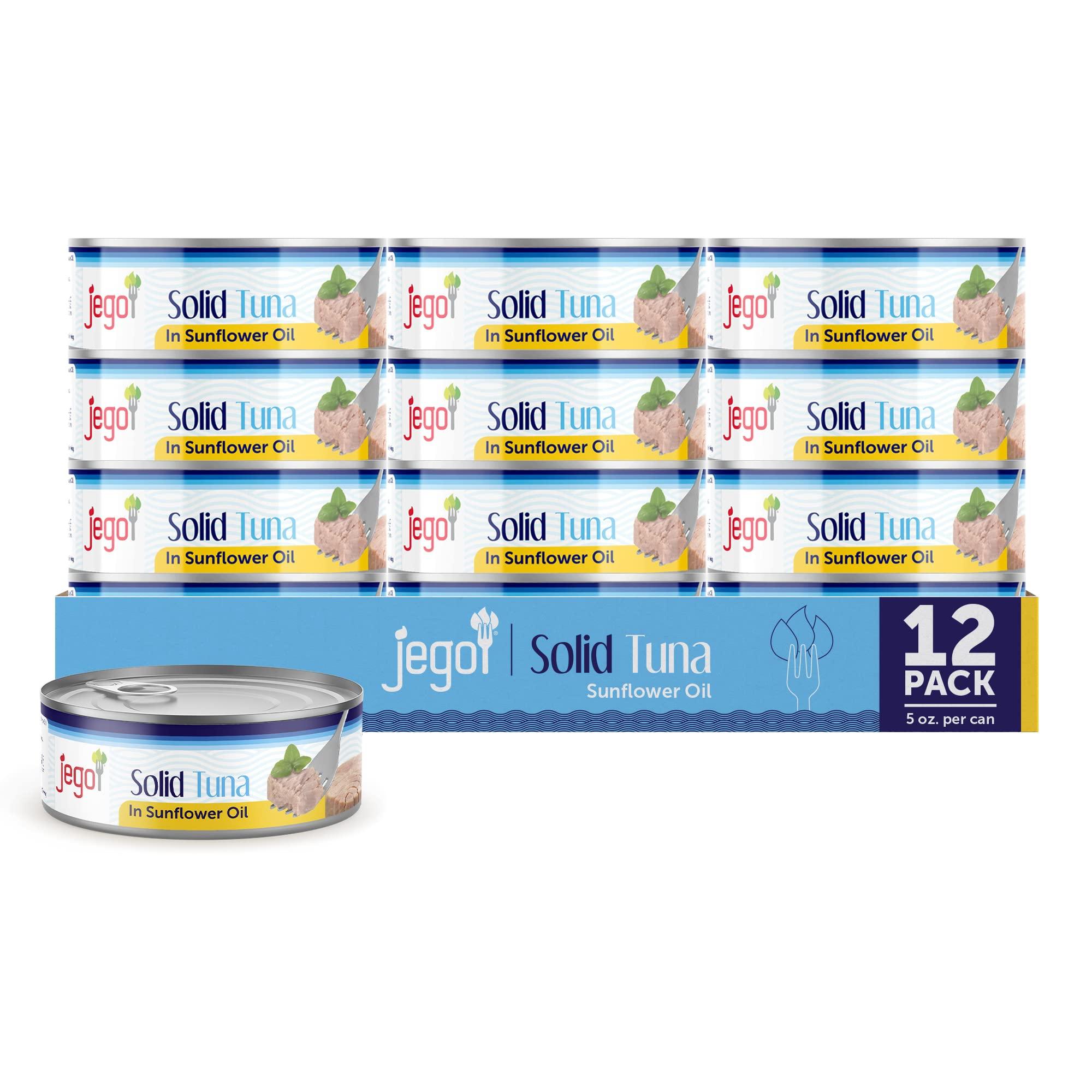 JEGO Jego Solid Tuna in Sunflower Oil | Wild Natural Catch Tuna | Keto | Low Carb | Gluten Free | Soy Free | Canned | Ready to eat | Pack of 12 | 5oz can