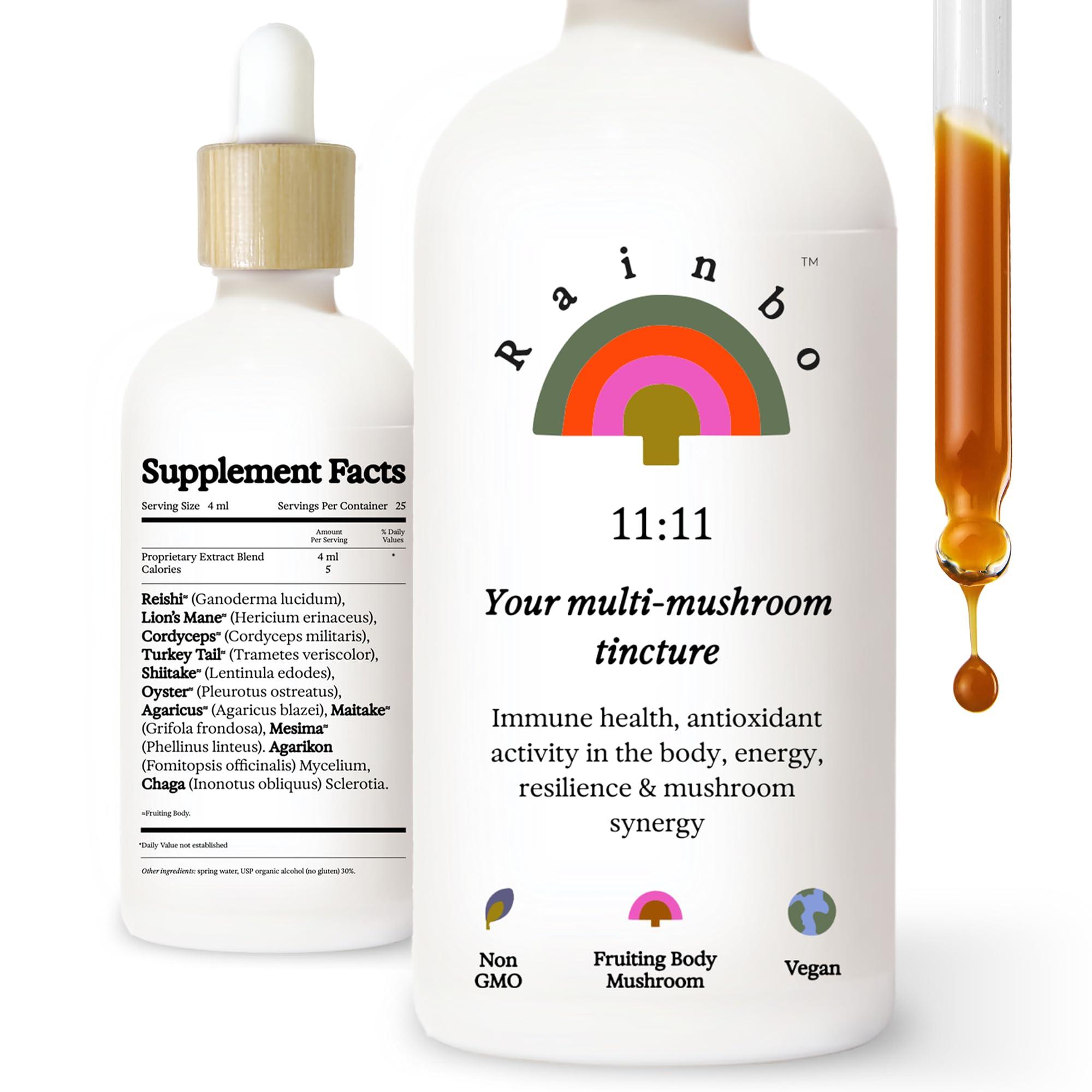Rainbo Rainbo 11:11 Multi Mushroom Tincture, Dual Extract Mushroom Supplement for Comprehensive Immune Support, Brain Support, Liquid Lion's Mane & Turkey Tail, Vegan, Non GMO, 3.4 fl oz
