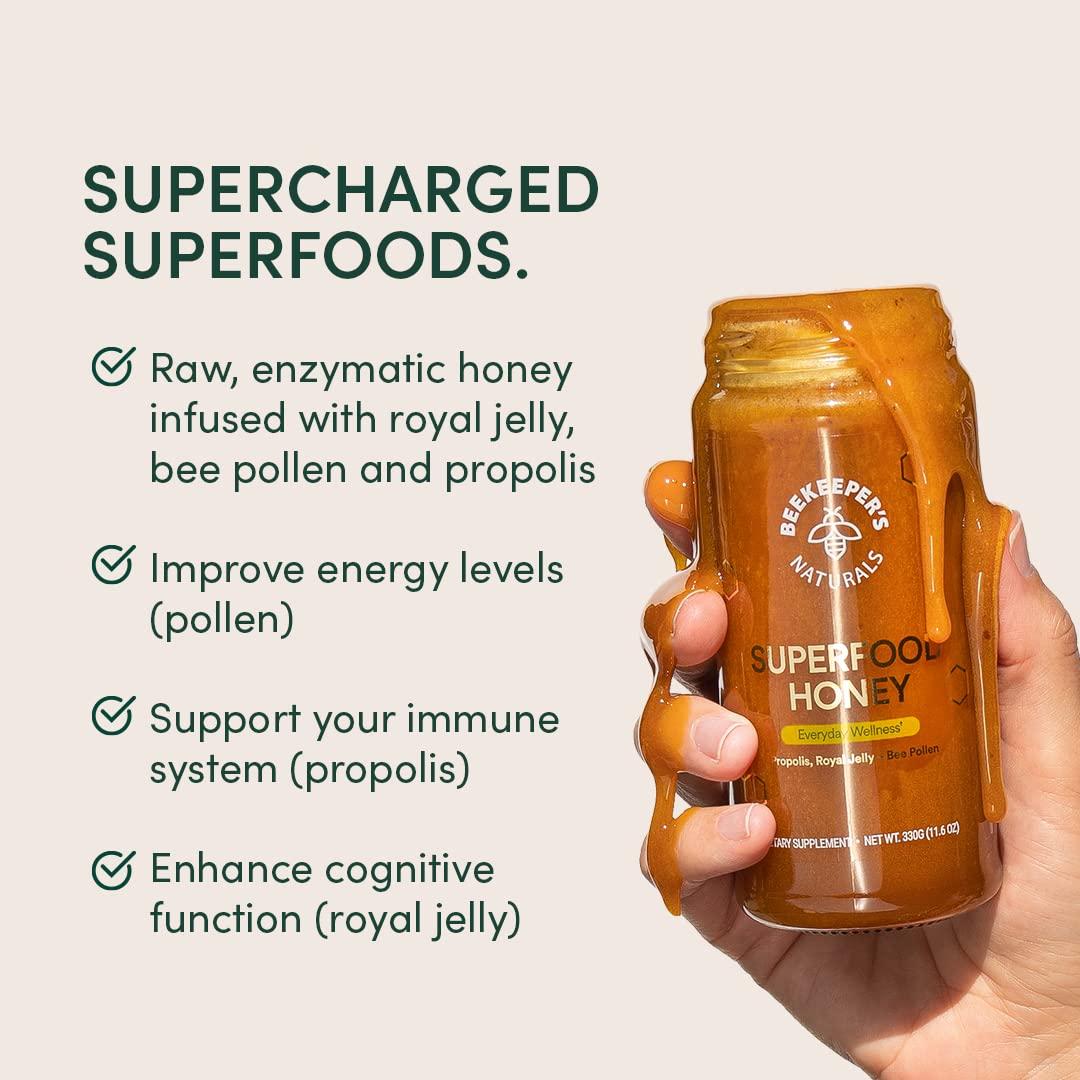 Beekeeper's Naturals Superfood Honey by Beekeeper\'s Naturals - Bee Pollen, Royal Jelly, Propolis, Honey - Natural Energy, Immune Support, Mental Clarity, Athletic Performance (4.4 oz)