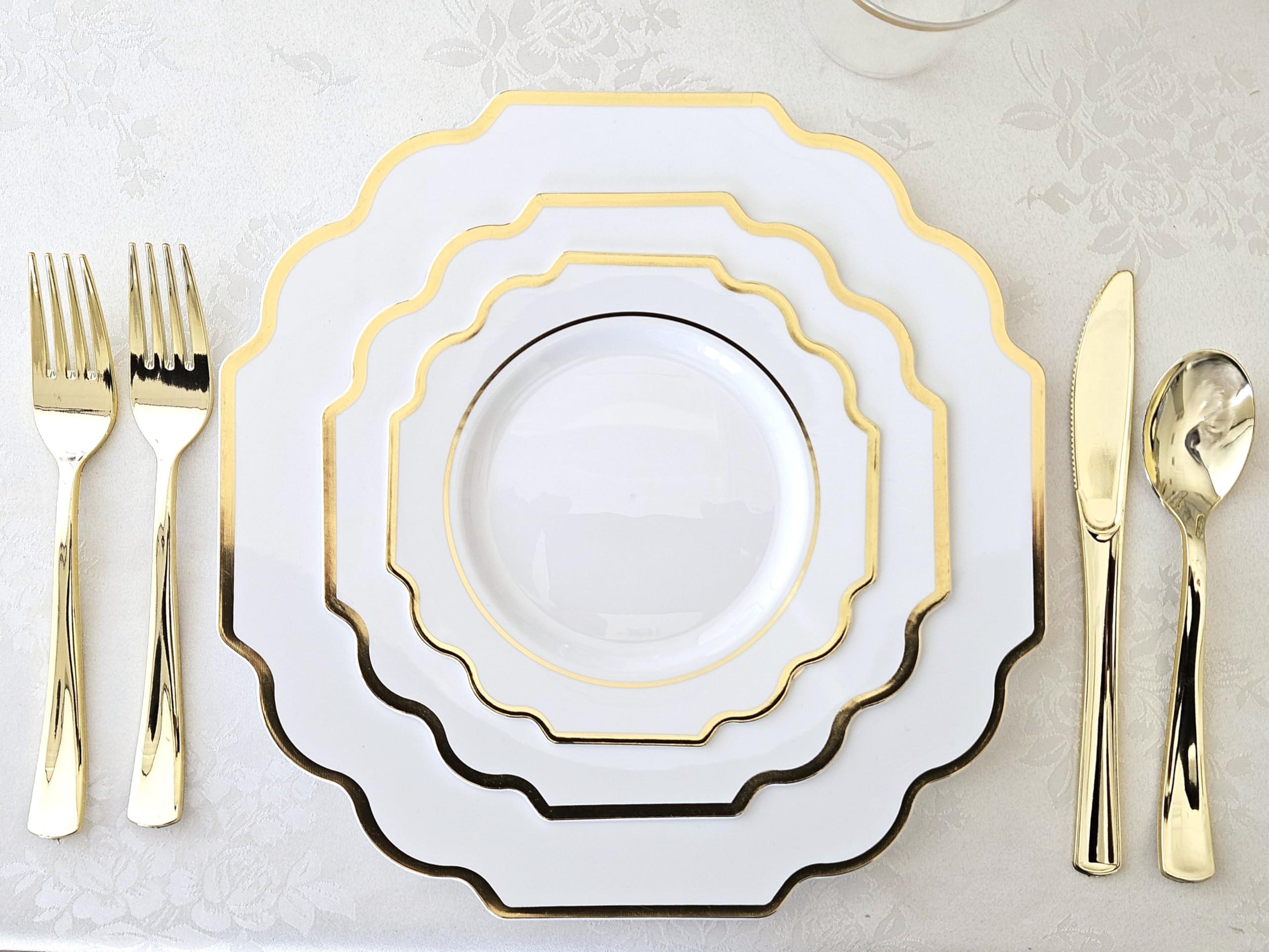 OCCASIONS FINEST PLASTIC TABLEWARE " OCCASIONS " 120 Plates Pack, Heavyweight Disposable Wedding Party Plastic Plates (8'' Appetizer/Dessert PlateImperial in White & Gold)
