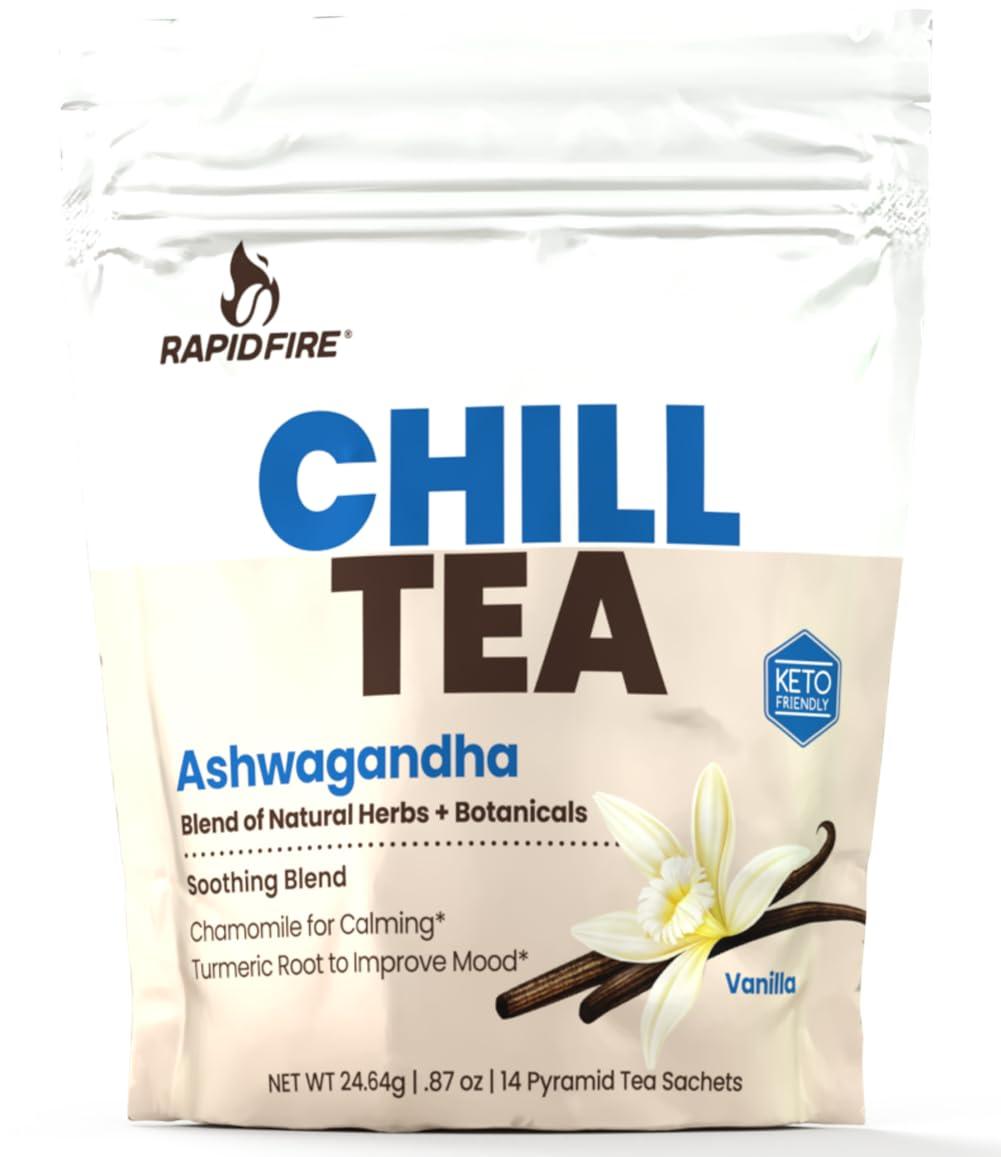 Rapid Fire Chill Tea, Soothing Blend, Promotes Relaxation, with Ashwagandha, Chamomile, Turmeric, Stress Relief Tea, Caffeine Free, 14 Tea Bags, 14 Servings