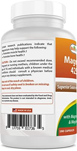 Best Naturals Best Naturals Magnesium 425 mg 180 Veggie Capsules - High Absorption Magnesium Glycinate & Magnesium Oxide Chelated, Non-GMO, Gluten Free Muscle Relax (180 Count (Pack of 3))