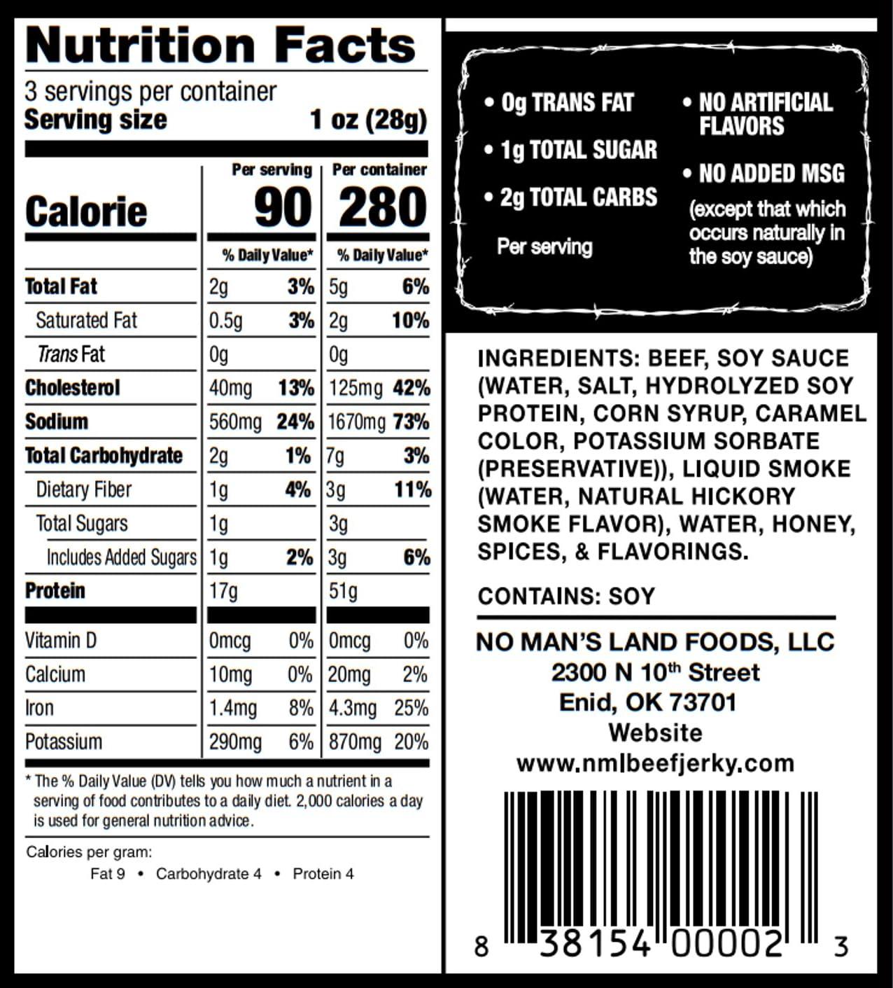 NO MANS LAND BEEF JERKY No Man’s Land HOT Beef Jerky High Protein Low Calorie Low Carb Beef Snack 3.0oz Bag