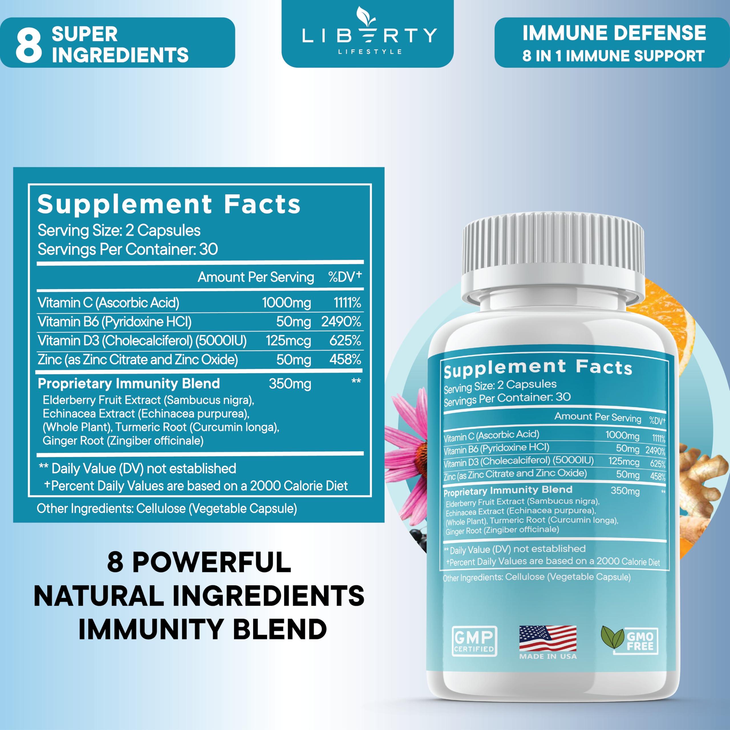 Liberty Lifestyle 8 in 1 Immune Defense Support, Immunity Vitamins Supplement Booster with Zinc 50mg, Vitamin C Elderberry VIT D3 5000 IU, Turmeric Curcumin & Ginger, Echinacea - Allergy Relief for Kids Adults