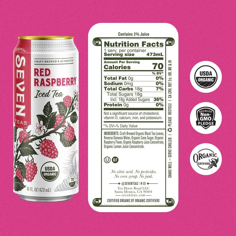 SevenTeas SevenTeas Rojo Raspberry Iced Tea, 16 OZ (Pack of 12 Cans), Lightly Sweetened Organic Iced Tea
