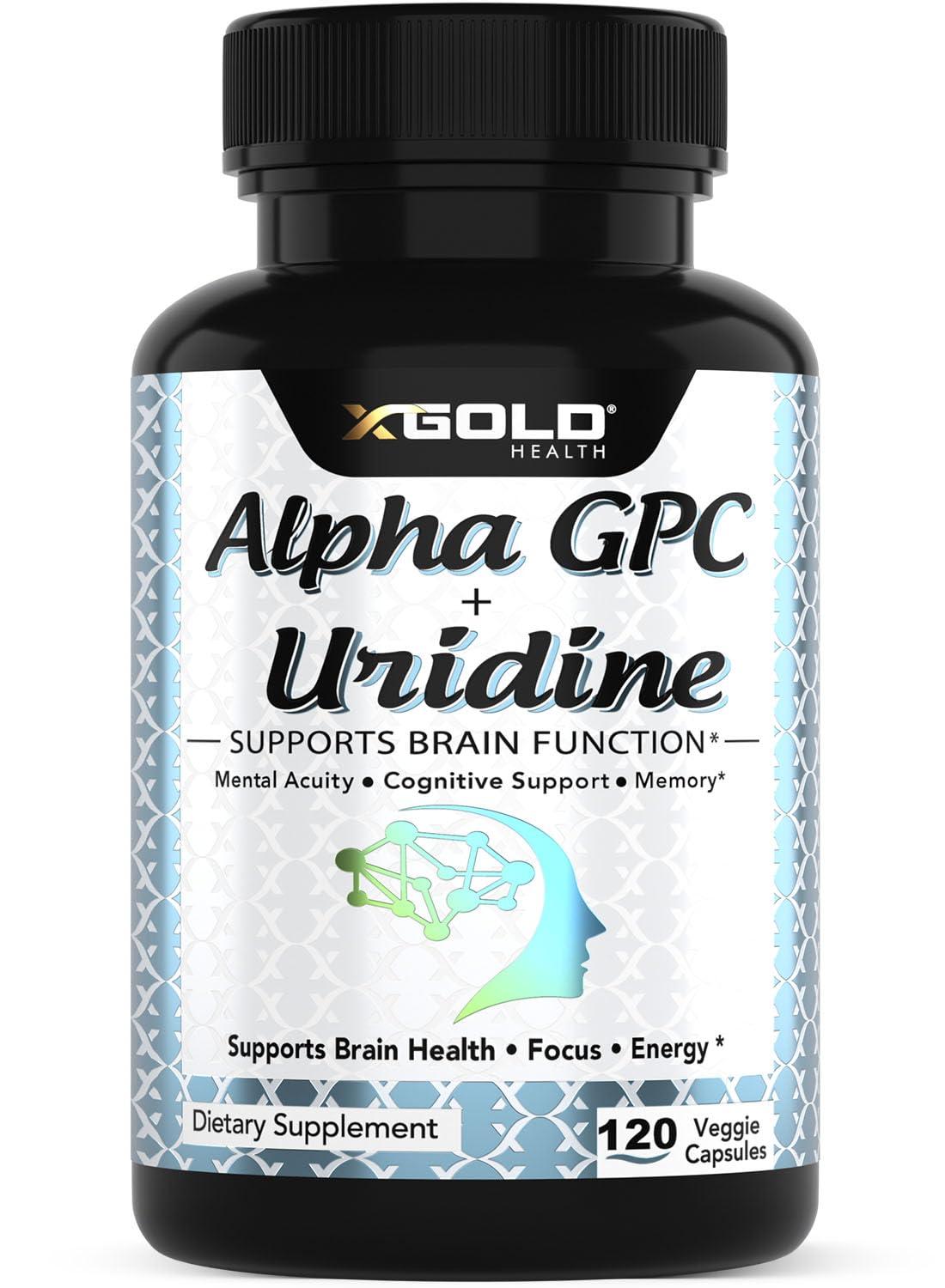 X Gold Health Alpha GPC Choline 600mg + Uridine Monophosphate 300mg-2-in-1 Nootropic Supplement Helps Boost Focus, Energy & Cognitive Performance -Potent Mood Enhancer & Brain Focus Supplements -120 Veggie Capsules