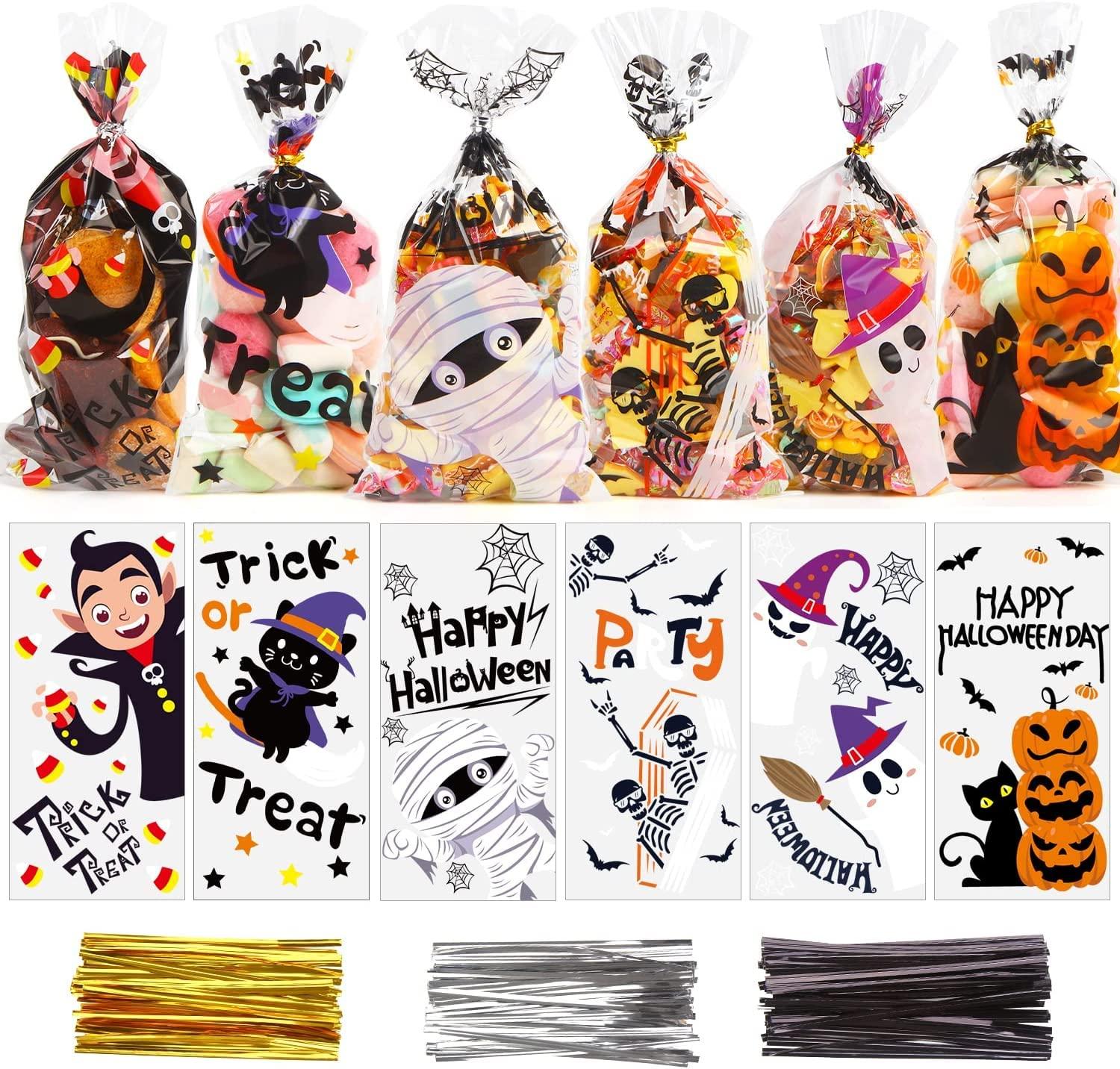 SULOLI SULOLI Halloween Cellophane Treat Bags, 120pcs Plastic Clear Candy Bags Pumpkin Ghost and Halloween Goody Bags with 150 Twist Ties for Kids Halloween Trick or Treat Party Favors