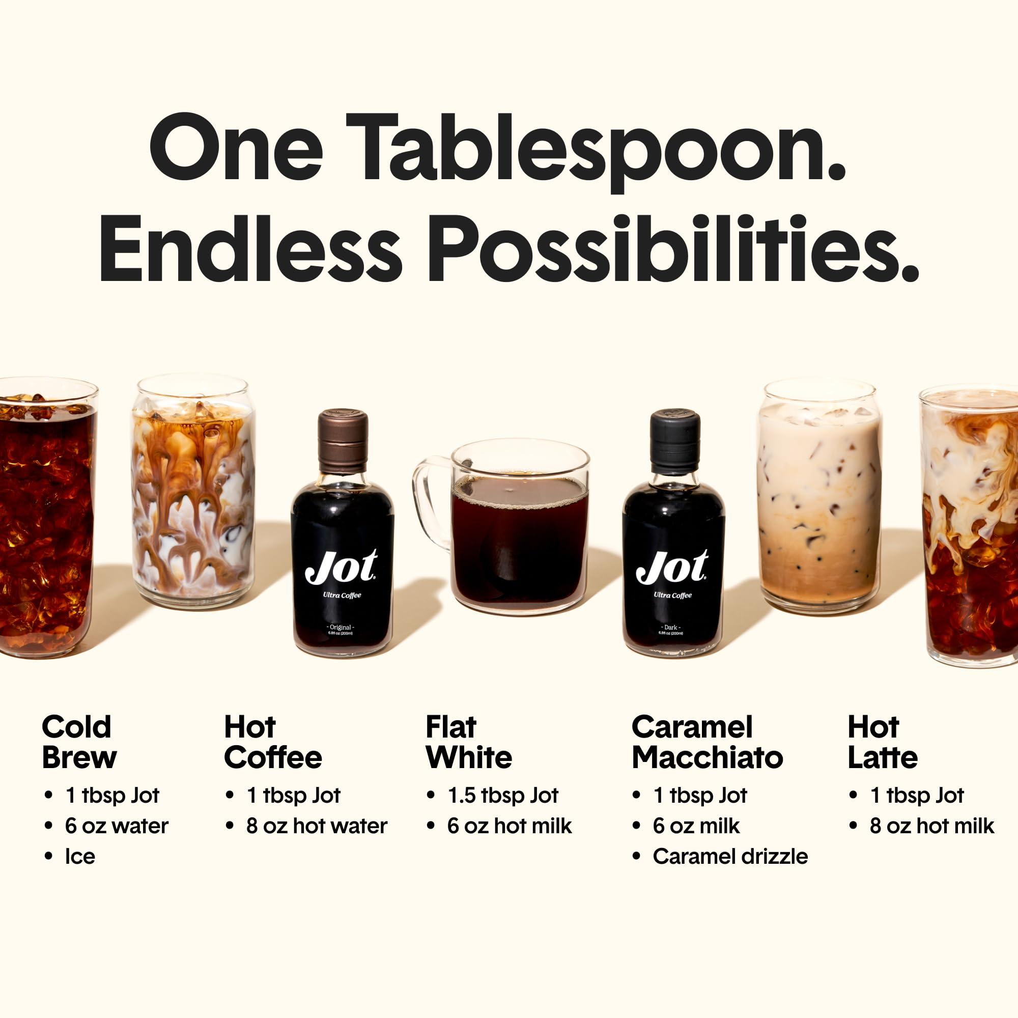 Jot Jot Coffee Concentrate Duo (Original/Dark 2pk) High Caffeine Instant Cold Brew Coffee, Iced Coffee Instant Espresso, Hot Coffee Drinks, 14 Cups Instant Coffee Cold Brew Concentrate 150mg Caffeine/Tbsp
