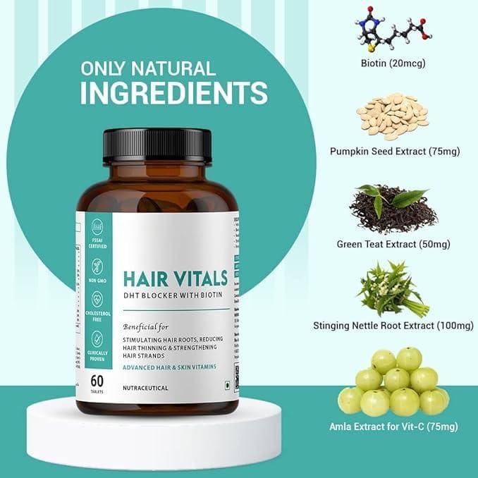 Generic Hair Vitals DHT Blocker with Biotin Tablets with Beta-Sitosterol & Stinging Nettle Root Extract | Hair Vitamins for Men & Women - 60 Tablets