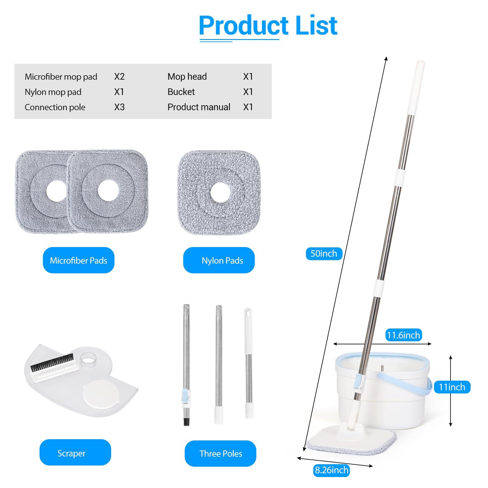 CIWEI Spin Mop, Mop and Bucket with Wringer Set for Home Cleaning Spinning Mops with Separate Dirty and Clean Water Wet and Dry Mop for Floors (Square Spin Mop, 3 Washable Microfiber Mop Pads)