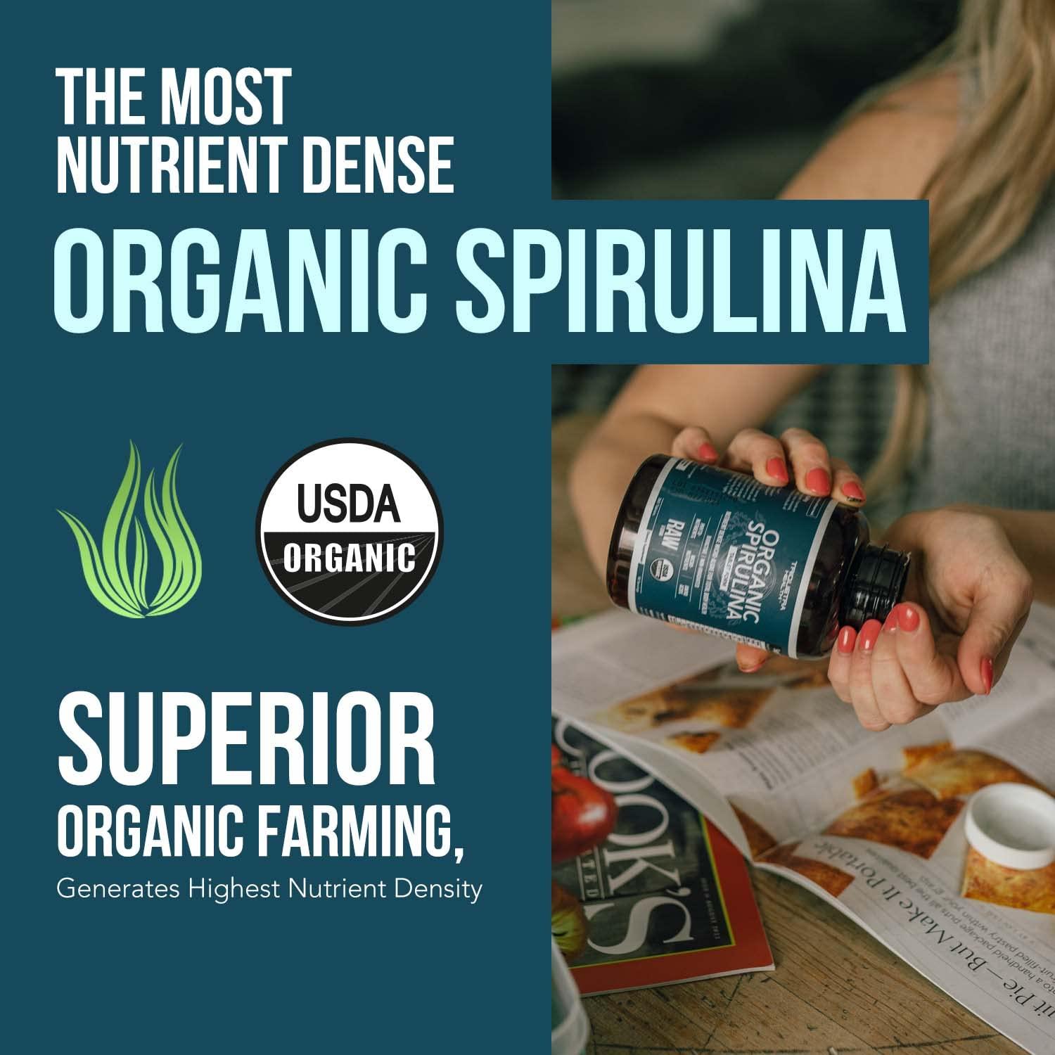 Triquetra Health Organic Spirulina Tablets (360 Tablets) - Made with Parry® Spirulina, The Best Spirulina in The World, Highest Nutrient Density - Non-Irradiated, 4 Organic Certifications (90 Servings)