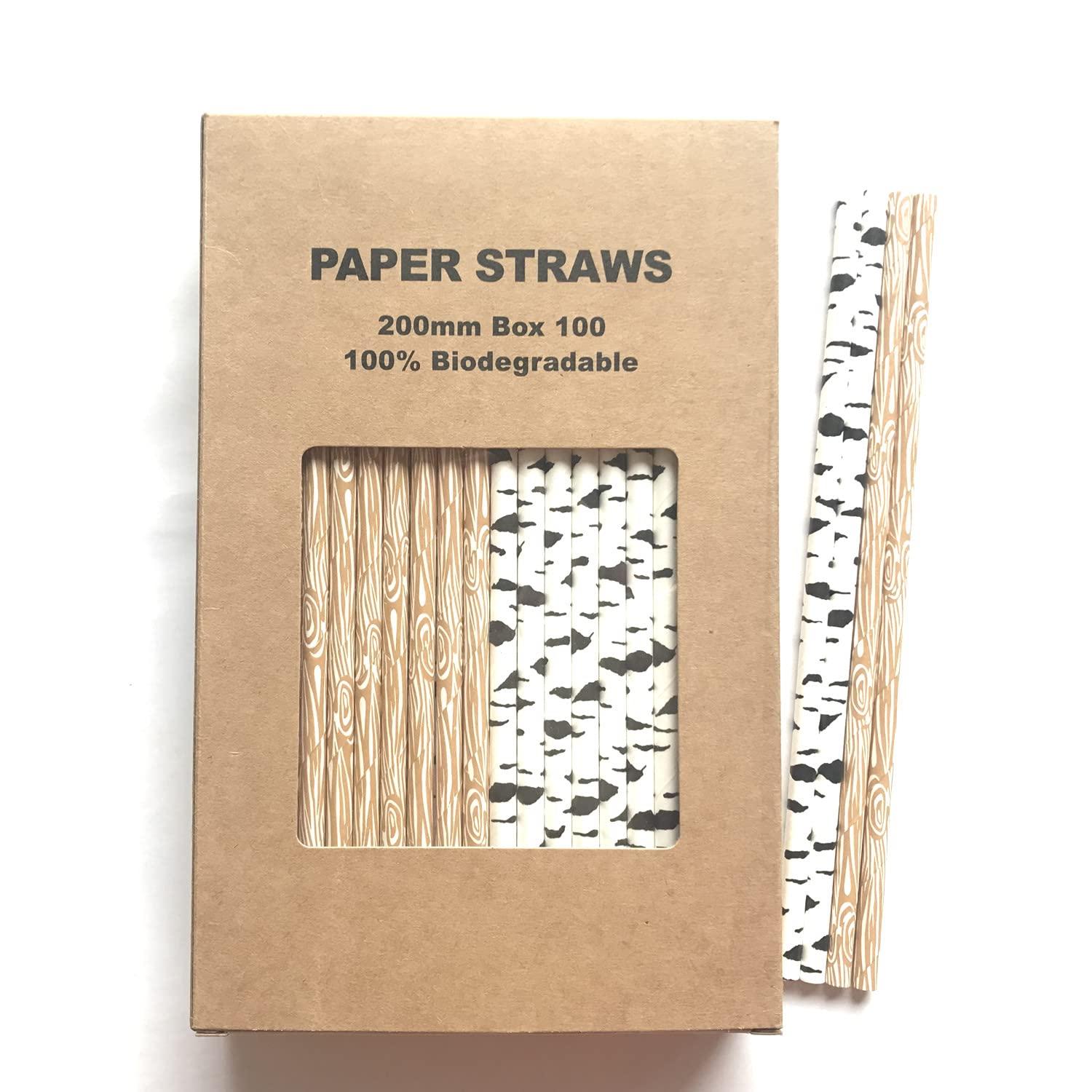 Generic 100 pcs Mixed Party Paper Straws Bulk, Cute Tree Wood Grain Black Birch Woodland Rustic Drinking Straws Bulk, Picnic Camp Safari Outdoor Birthday Baby Bridal Shower Wedding Cake Pop Sticks (Timber)