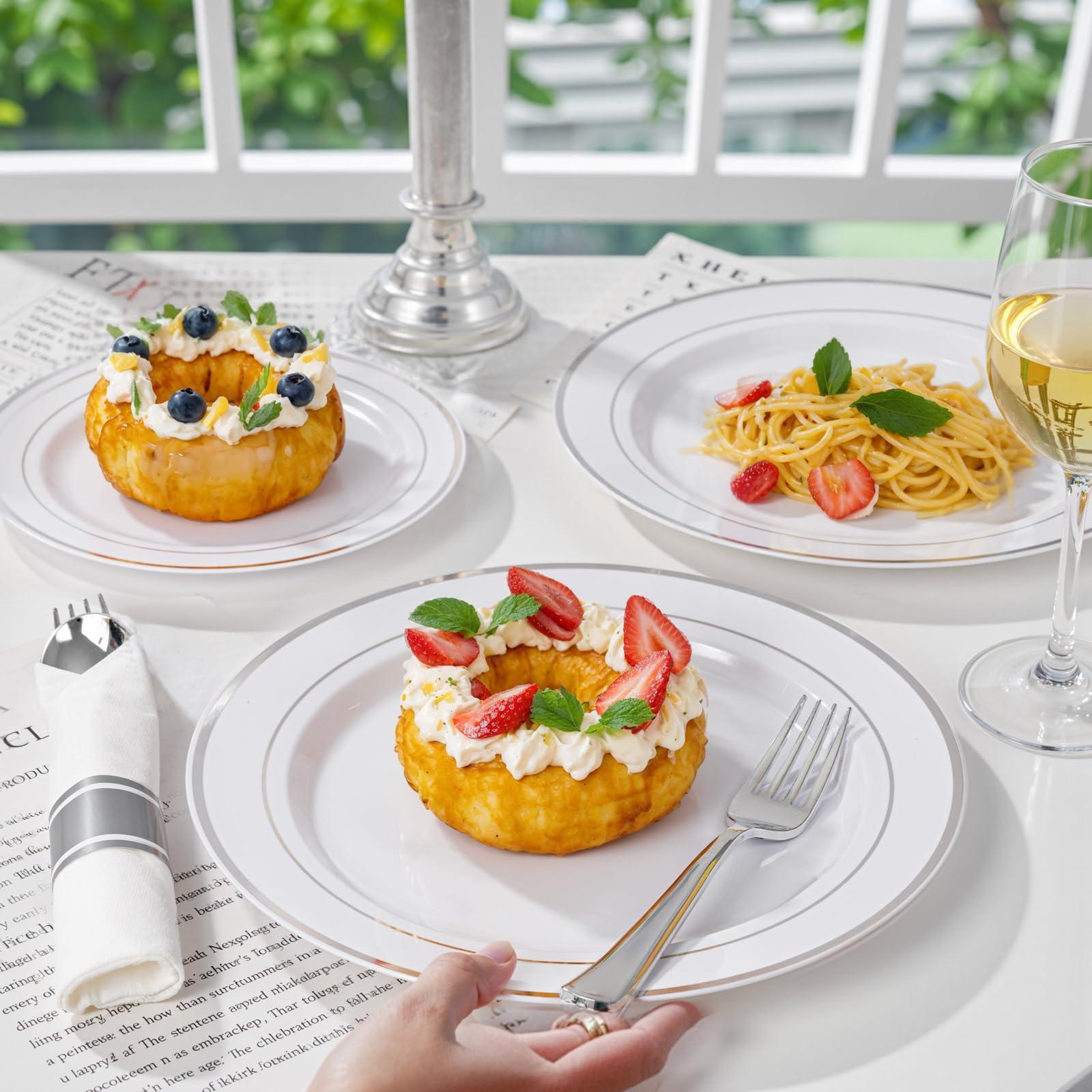 WDF Partyware WDF Partyware 350 Pcs Silver Plastic Plates - Silver Dinnerware Set of 50 Dinner Plates 50 Dessert Plates 50 Silverware 50 Napkins 50 Cups for Party&Wedding