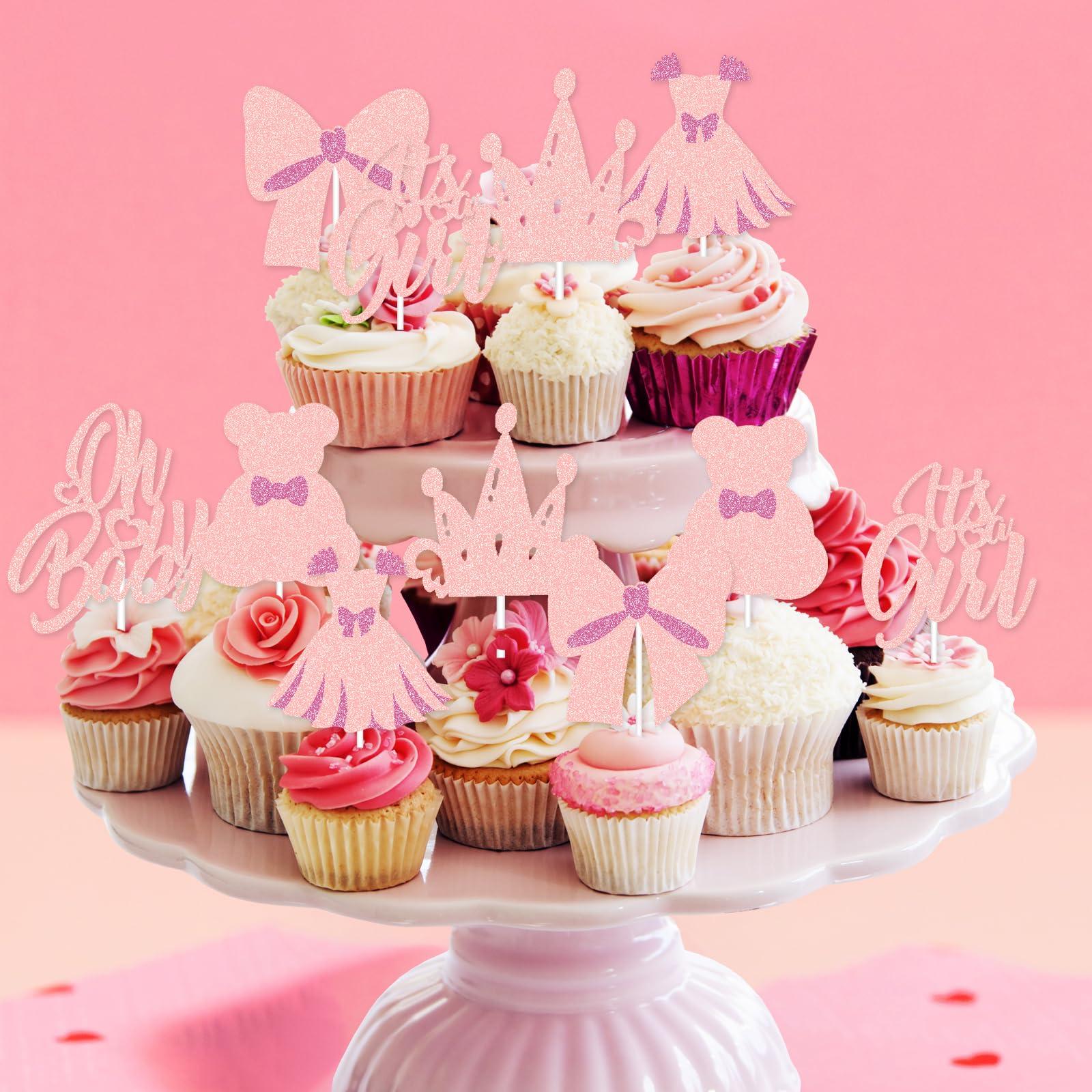 G-LOVELY\'S 24 PCS Oh Baby Cupcake Toppers Glitter Oh Baby Cake Decorations Baby Shower Gender Reveal Cupcake Picks for Boy or Girl Theme Baby Shower Kids Birthday Party Supplies