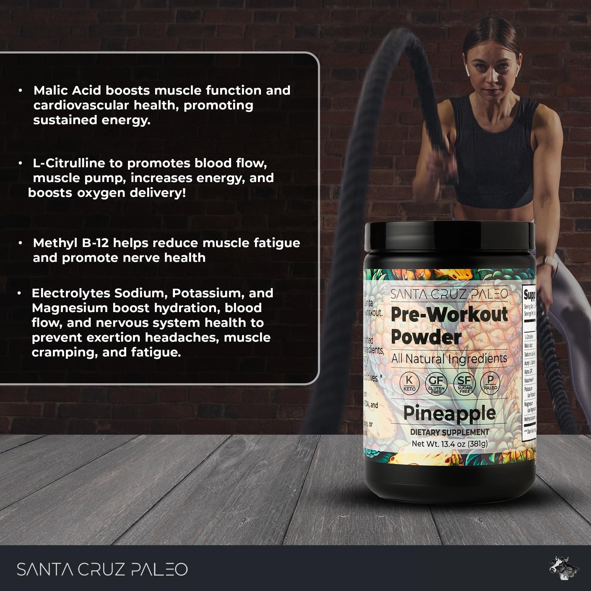 Santa Cruz Paleo Santa Cruz Paleo Pre Workout Powder Electrolytes, Magnesium, Potassium, Sea Salt & L Citrulline, Caffeine & Sugar Free Preworkout Drink Mix for Energy & Hydration, Pineapple Flavor, 30 Servings