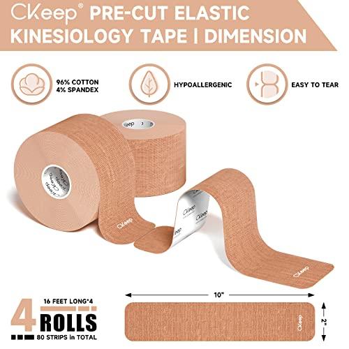CKeep CKeep 4 Rolls Kinesiology Tape, Original Cotton Elastic Athletic Tape, 20 Precut 10\" Strips Each, Beige, Ideal for Muscle Support & Injury Prevention