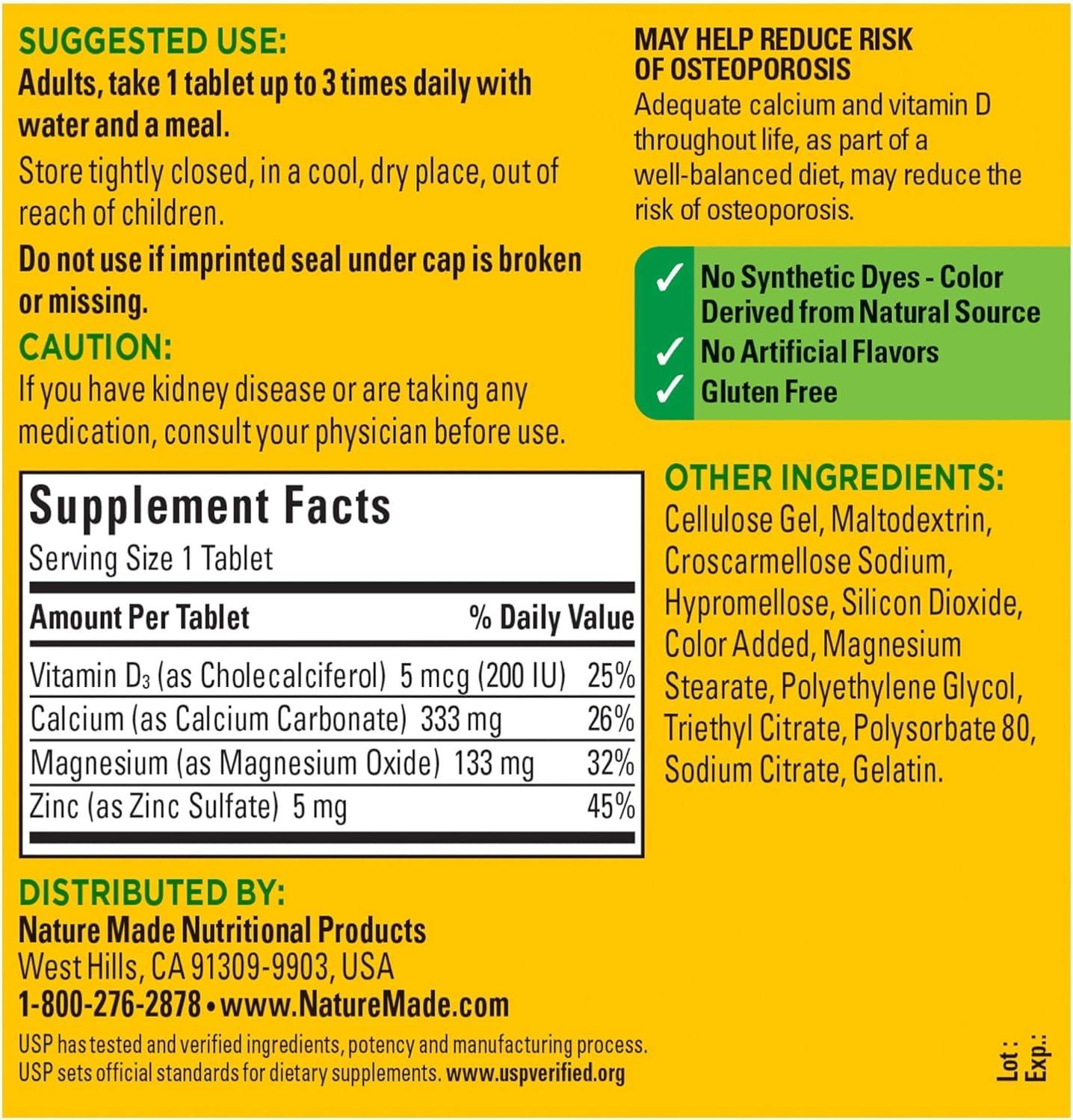 Nature Made Nature Made Calcium, Magnesium Oxide, Zinc with Vitamin D3 helps support Bone Strength, Tablets, 300 Count