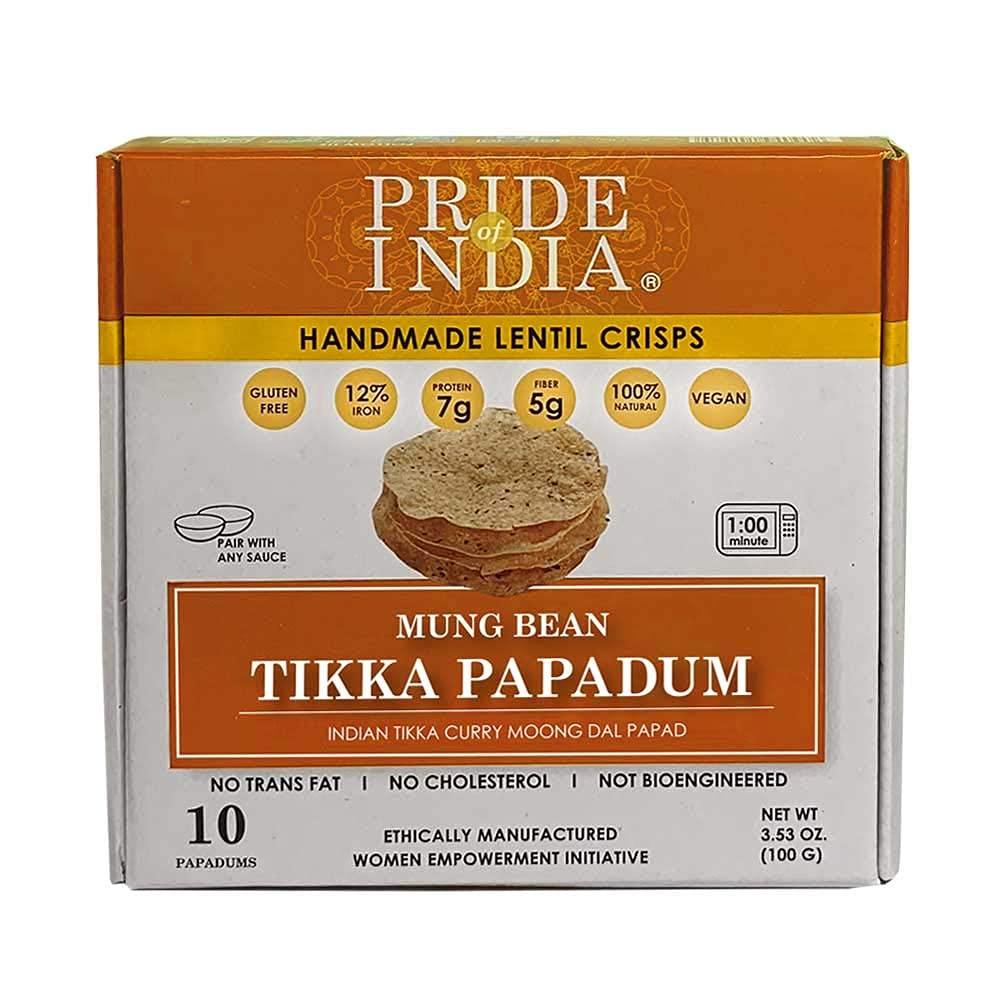 Pride Of India Pride Of India - Tikka Curry Mung Bean Papadum Lentil Crisp, Pack of 6 - 10 count (3.53oz - 100gm) - Instant Microwaveable Vegan Healthy Crackers | Tastes like Indian Curry Sauce | Mild Spice Level