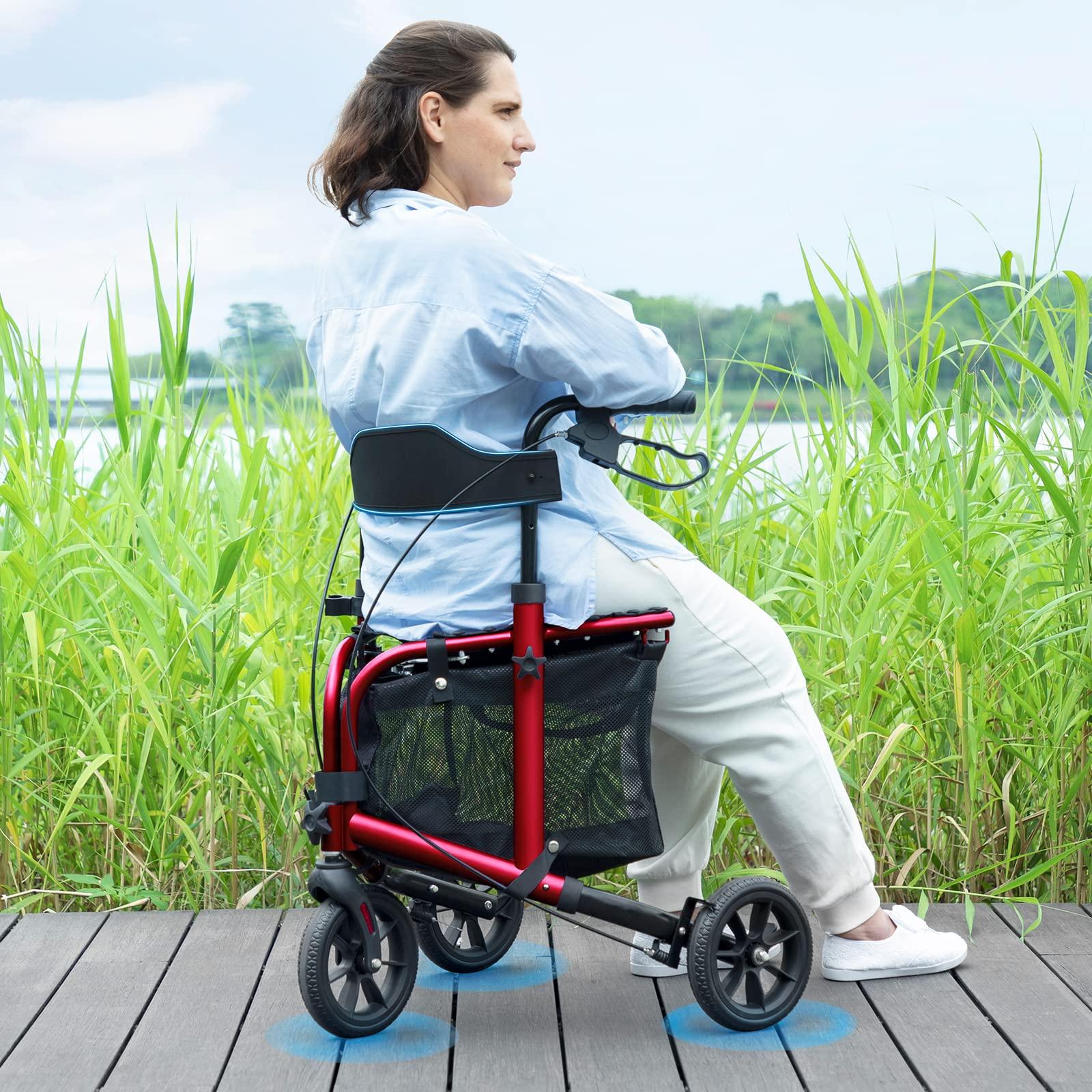 WALK MATE WALK MATE 3 Wheel Rollator Walker with Seat for Slim Seniors, Padded Backrest Lightweight Foldable Walker Ideal for Elderly, 8 Inch Tri-Wheel Modern Mobility Walking Aid Aluminum, Red
