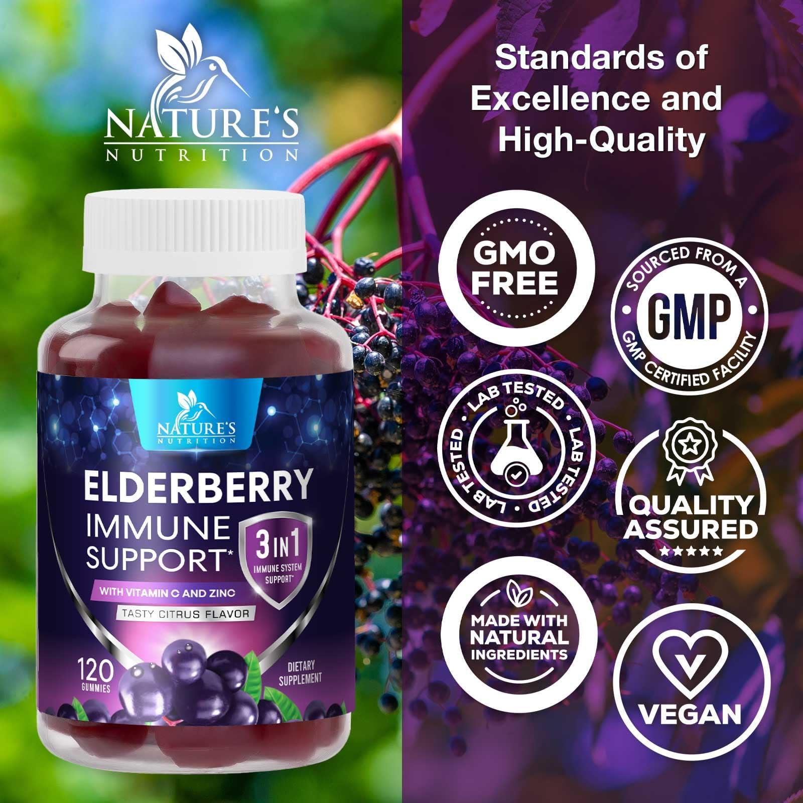 Nature's Nutrition Sambucus Elderberry Immune Gummies, Daily Elderberry Immune Support Vitamins with Vitamin C, Vitamin D3, Zinc, Immune Support Gummy Vitamin Supplement, Black Elderberry for Adults & Kid - 120 Gummies