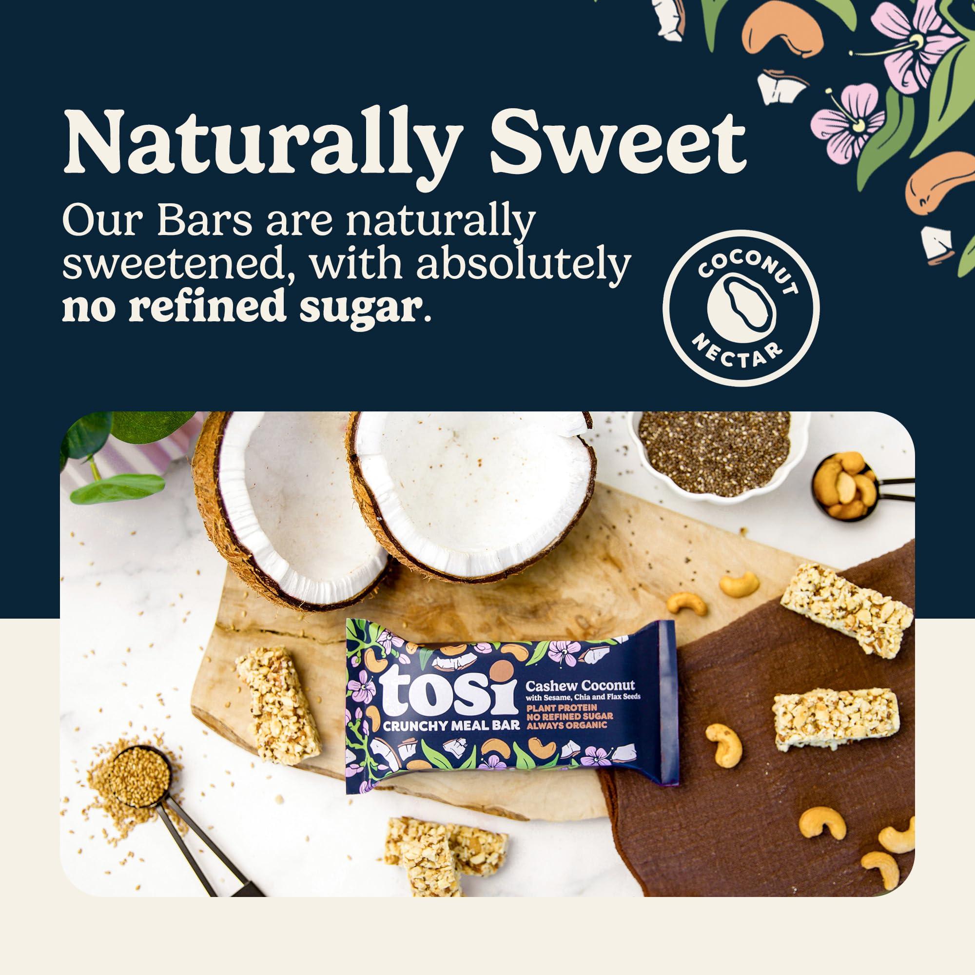 Tosi Tosi Cashew Coconut Protein Bars, Plant Based with Nuts, Gluten-Free Crunchy Snacks, Vegan, Organic, Flax & Chia Seeds, Soy-Free, Omega 3s, 14G Protein, 2.4 oz, 12-Pack