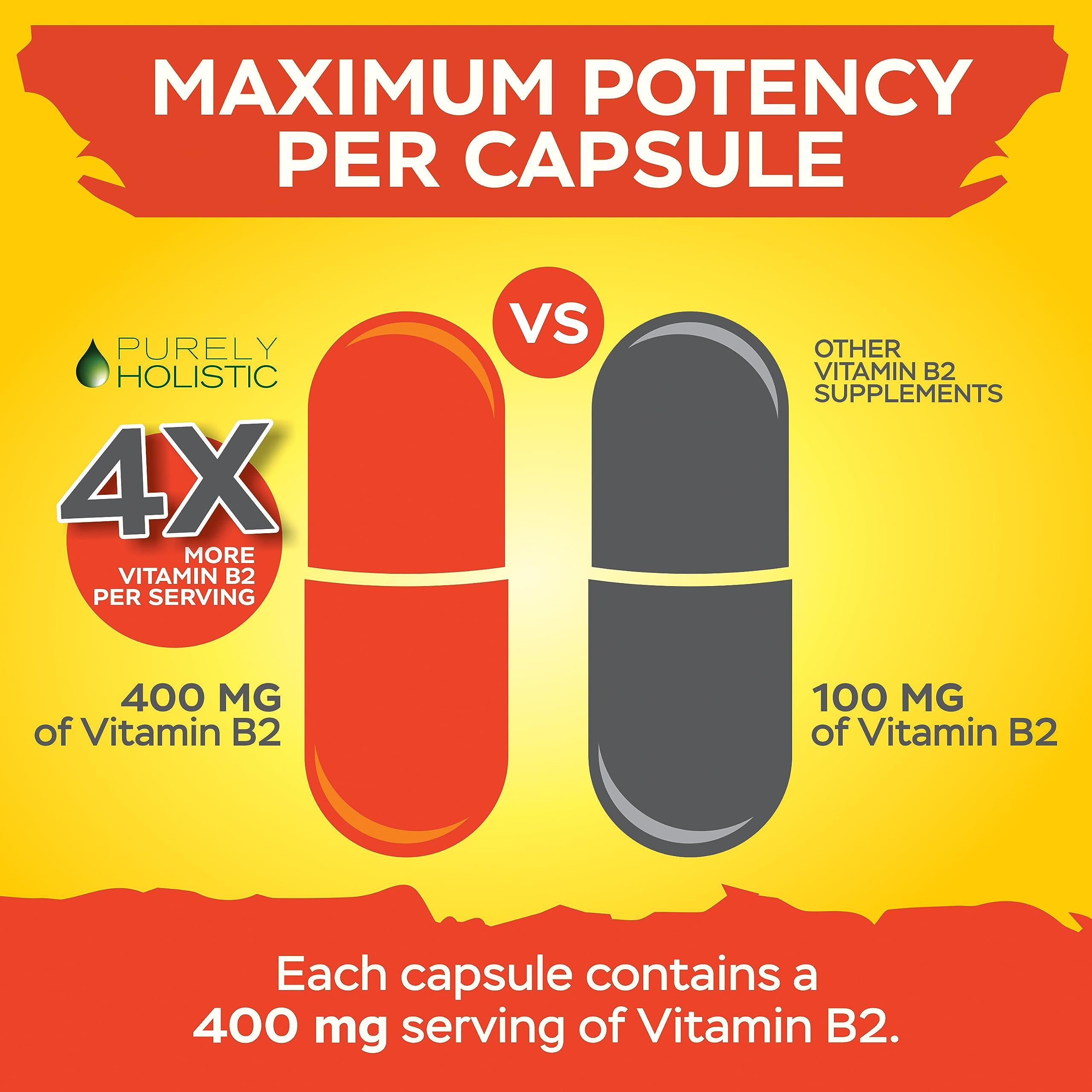 Purely Holistic Purely Holistic Vitamin B2 Riboflavin 400mg - 240 Vegan Capsules, 8 Month Supply - High Strength B2 Vitamins - Non GMO & Gluten Free - Supports Energy Production & Cellular Health