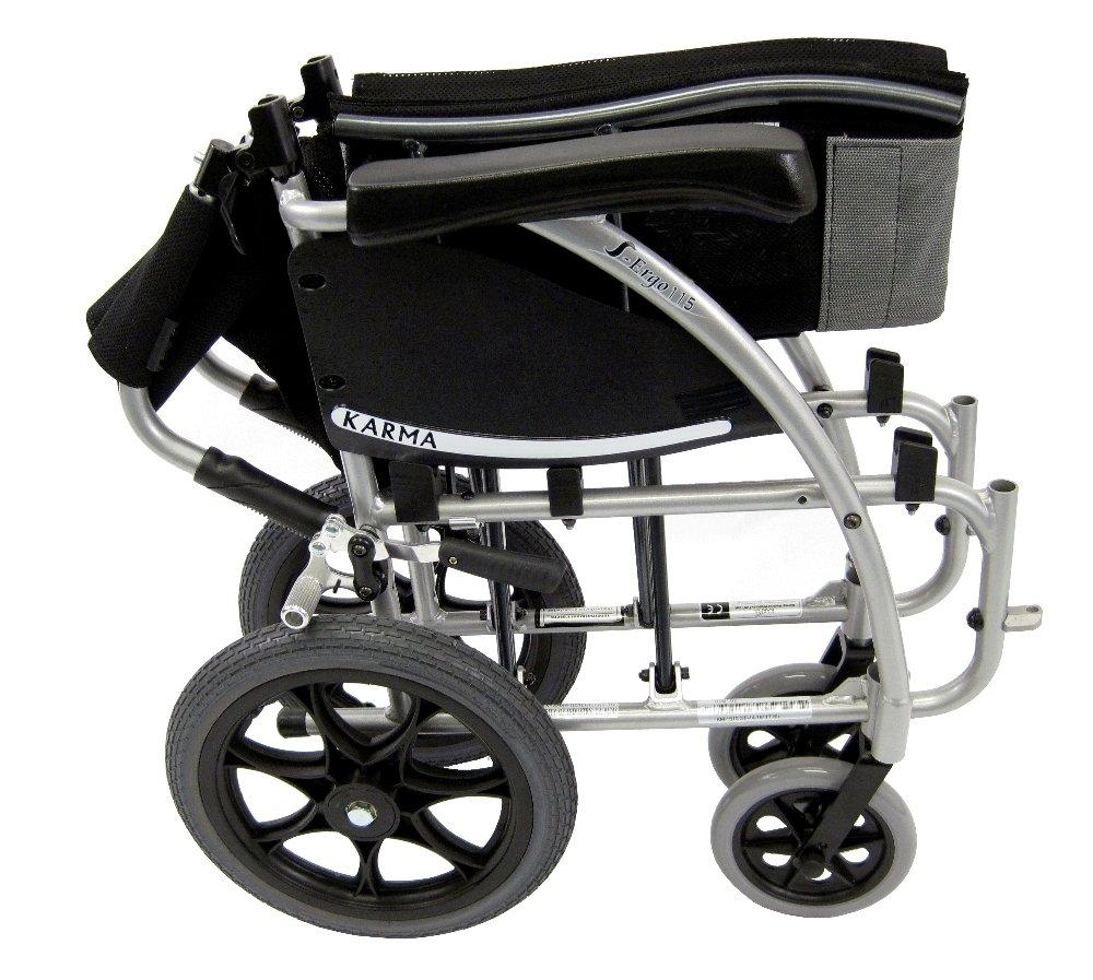 Karman Healthcare Karman S-Ergo 115 18" X 17" seat Ergonomic Transport Wheelchair with Wire Break and Swing Away Footrest in Silver and Free Silver Wheelchair Seatbelt & Black Bottle Holder!
