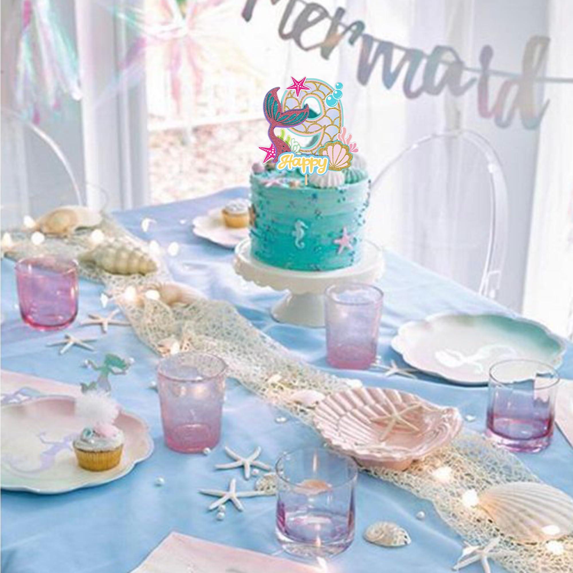 YCTHUNFISH 1 Pack Mermaid Cake Topper 9th Birthday Cake Pick Happy Birthday Ocean Sea Creature Mermaid Cake Decoration for Kids Nine Birthday Baby Shower Summer Party Supplies