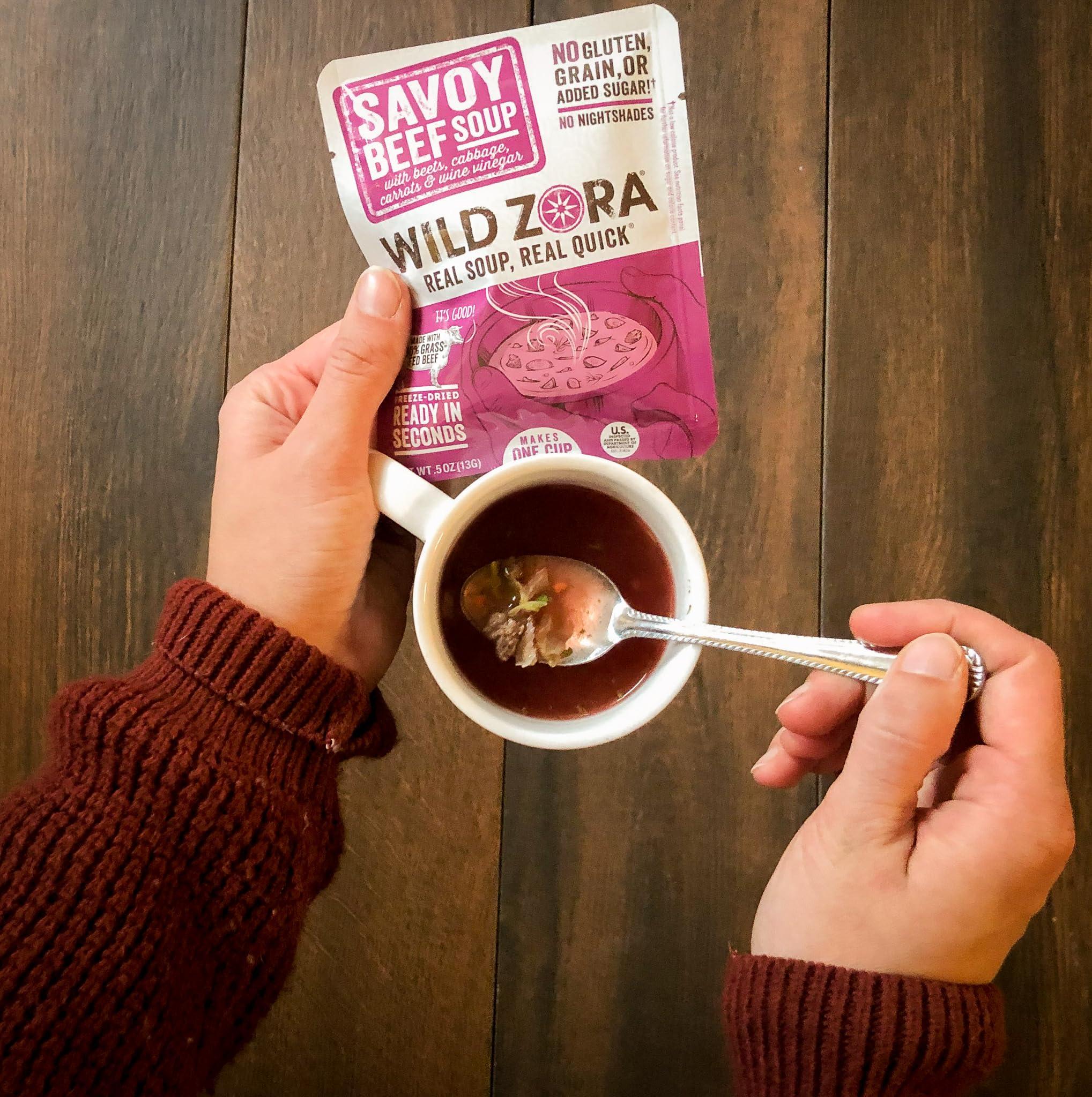 WILD ZORA Wild Zora Instant Keto-Friendly Soups 5-Pack Variety, Broth Made with Grass-Fed Beef, Free-Range Chicken, and Vegetables, Gluten-Free, Low Carb, No Added Sugar, Flavorful Pantry Staples - 0.5oz/13g