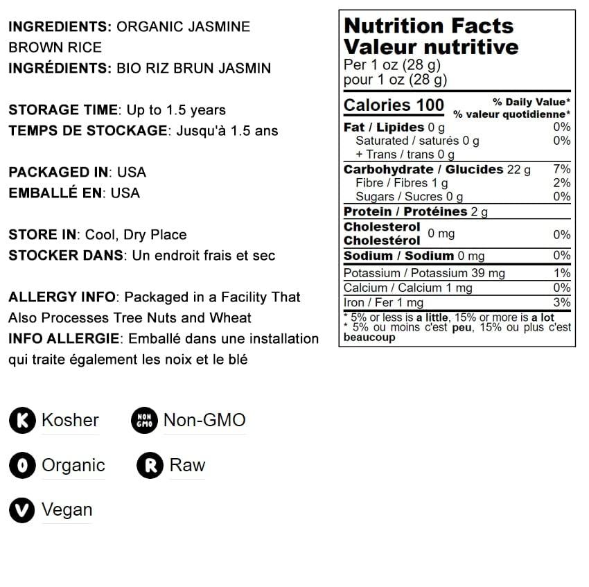 Food to Live Food to Live Organic Brown Jasmine Rice, 12 Ounces Non-GMO, Whole-Grain Rice, Long-Grain Variety, Non-Irradiated, Kosher, Vegan. Rich in Fiber. Perfect for Curries, Pilafs, & Desserts