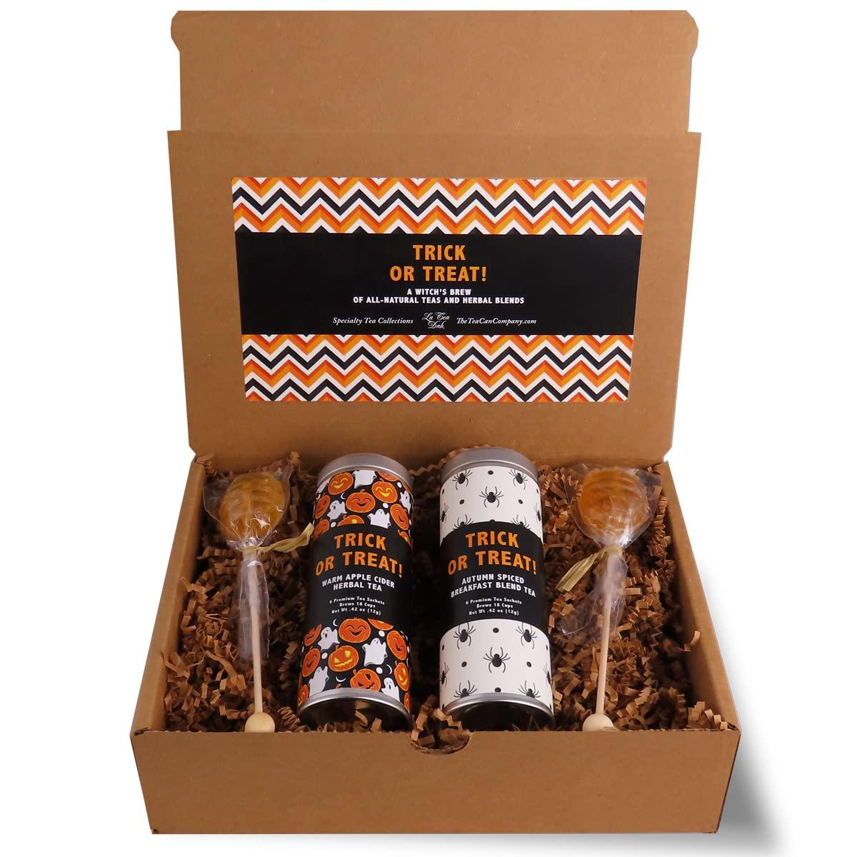 La Tea Dah Trick or Treat Gift Basket for Halloween by La Tea Dah, Warm Apple Cider Tea, Pumpkin Spice Breakfast Tea, and Two Honey Stirrers, Halloween Treats Non Candy, Gourmet Tea Gift Sets