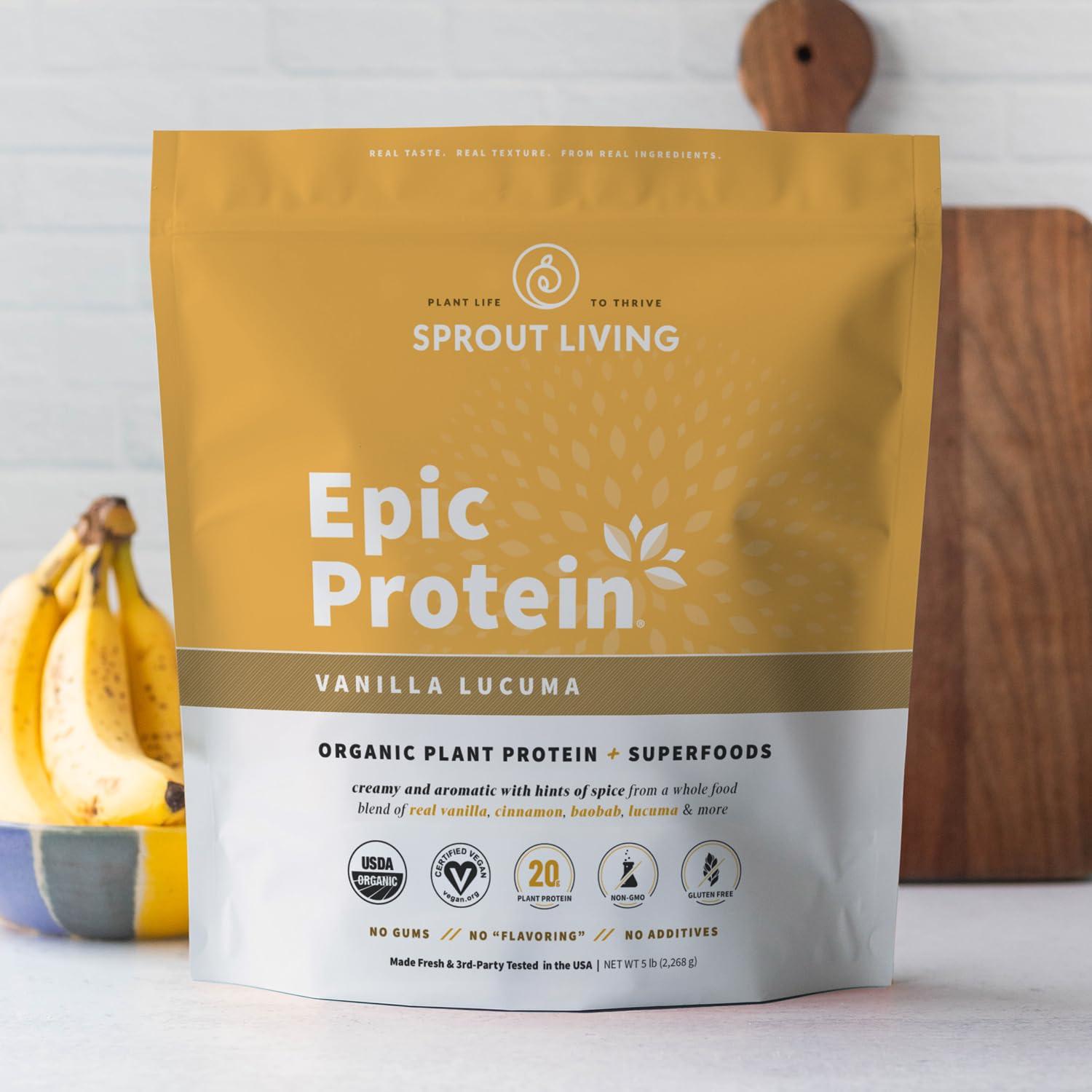 Sprout Living Sprout Living Epic Protein, Plant Based Protein & Superfoods Powder, Vanilla Lucuma Powder | 20 Grams Organic Protein Powder, Vegan, Non Dairy, Non-GMO, Gluten Free, Low Sugar (5 Pound, 60 Servings)