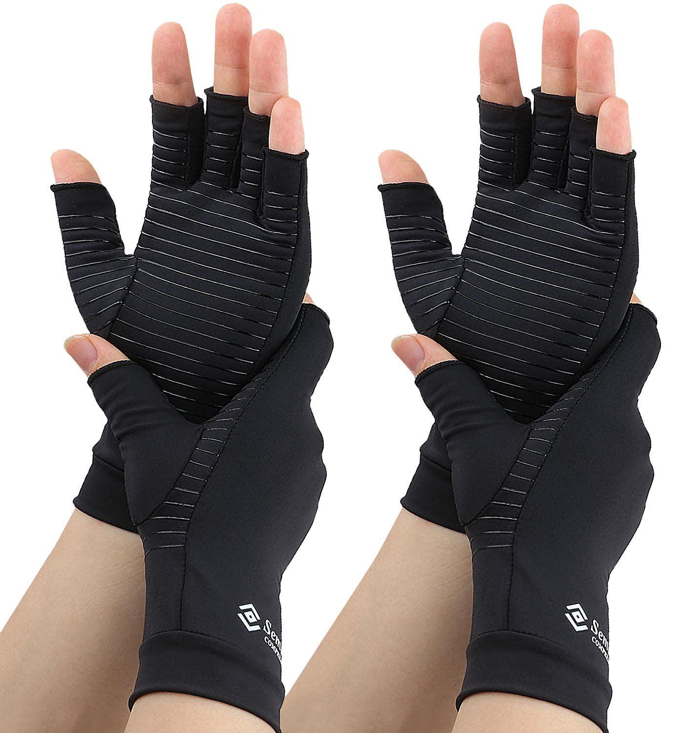 Semikk 2 Pairs Compression Gloves for Women and Men – Copper Arthritis Gloves for Rheumatoid Arthritis Osteoarthritis Carpal Tunnel – Hand Pain Relief and Support – Open Finger (Black, X-Large (2 Pair))