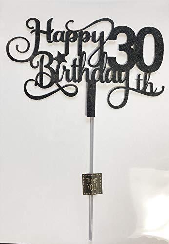 ALPHA K Black Glitter 30th Birthday Cake Topper, Happy 30th Birthday Cake Topper, 30th Birthday Party Decorations