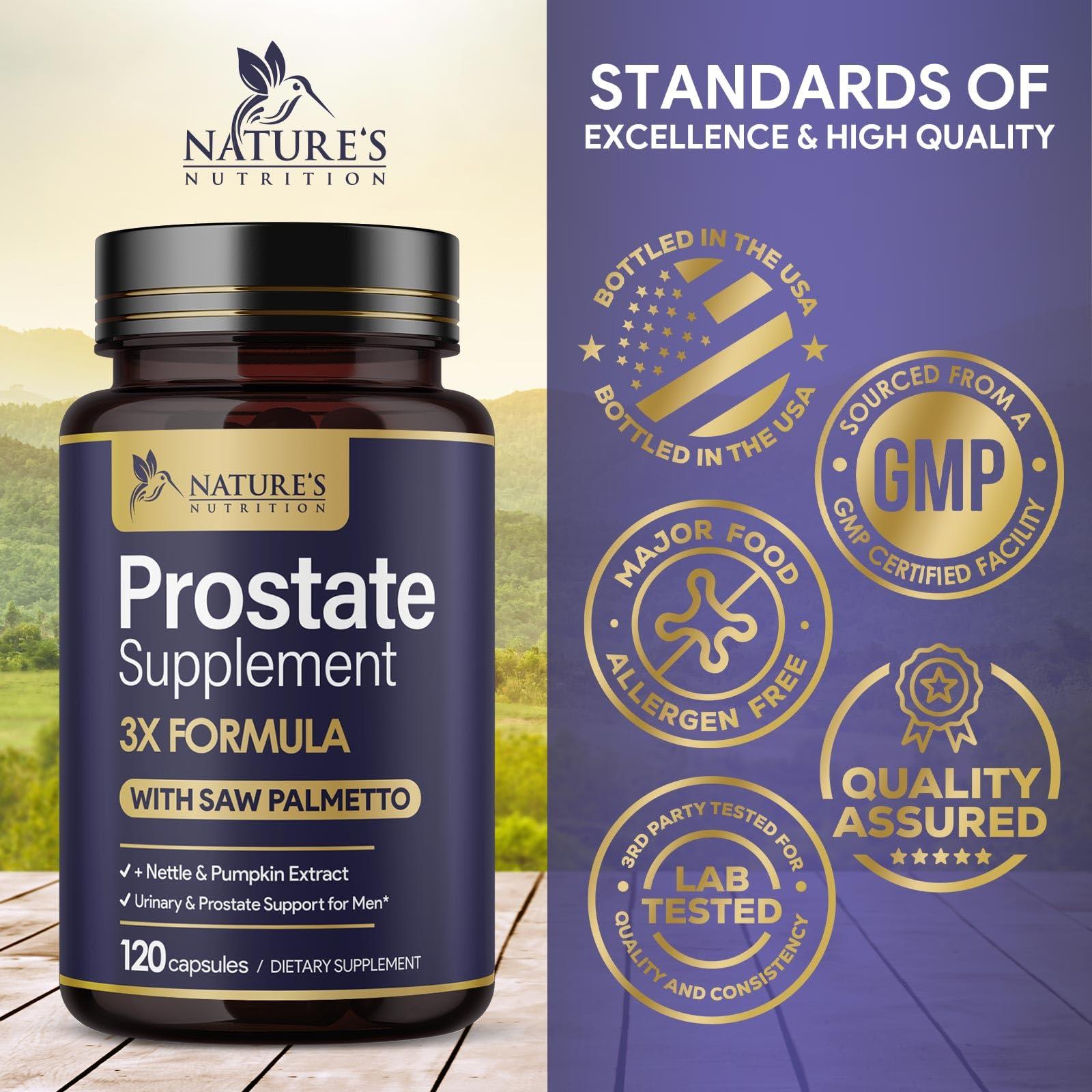 Nature\'s Nutrition Prostate Men Supplement - Support Complex Formula with Saw Palmetto, Beta Sitosterol, Stinging Nettle, Pygeum, Pumpkin Seed, Zinc, Vitamin B6 E - Supports Prostate & Urinary Health - 120 Capsules