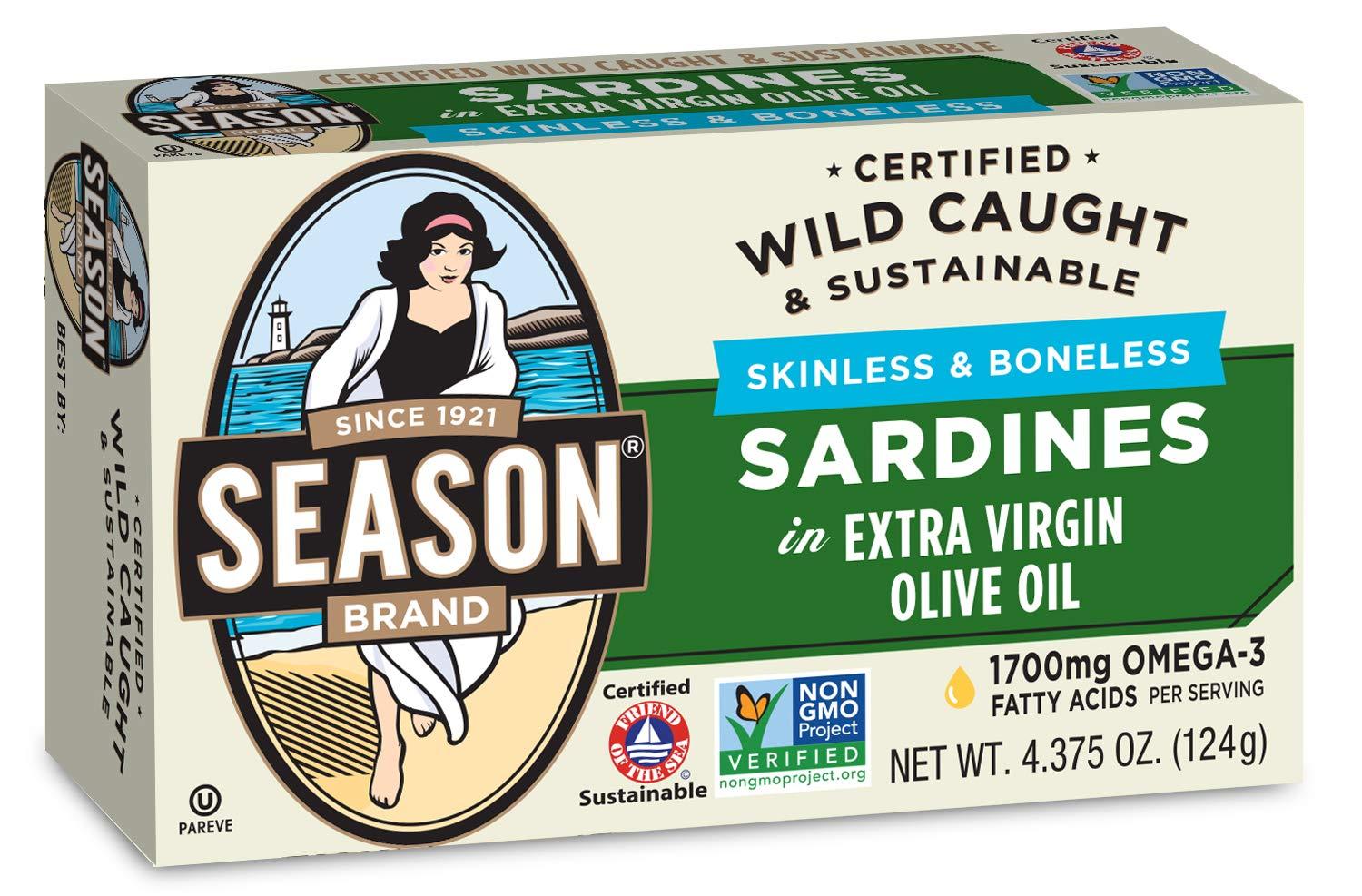 SEASON Season Sardines in Extra Virgin Olive Oil – Skinless & Boneless, Wild Caught, 22g of Protein, Keto Snacks, More Omega 3's Than Tuna, Kosher, High in Calcium, Canned Sardines – 4.37 Oz Tins, 12-Pack