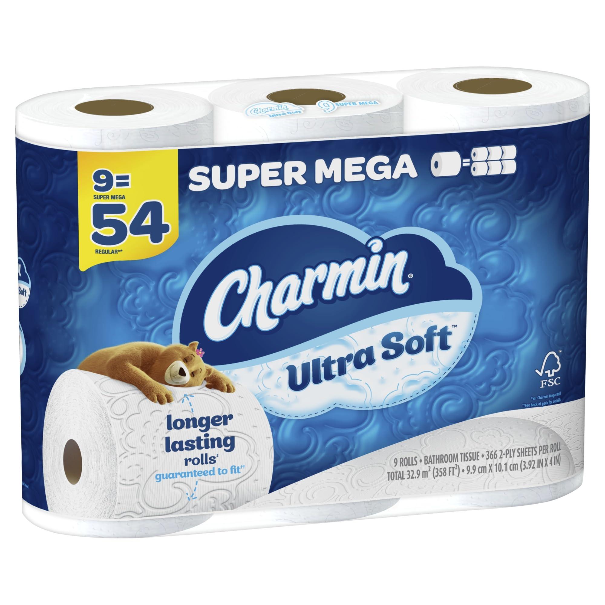 charmin Charmin Ultra Soft Super Mega 2-Ply Toilet Paper Rolls, 4\" x 4-1/2\", White, 366 Sheets Per Roll, Pack Of 9 Rolls