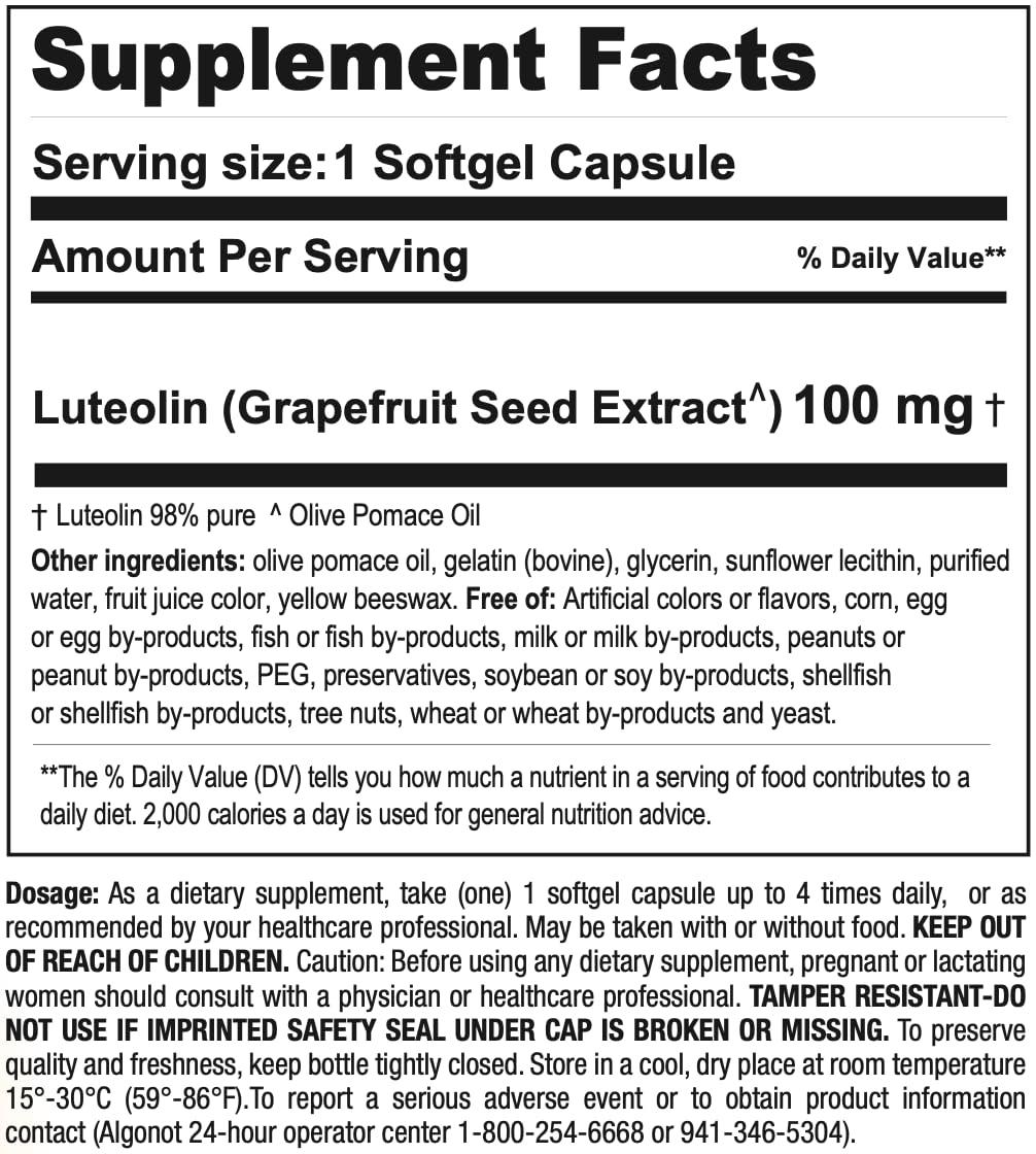 Algonot PureLut: Pure liposomal Luteolin - 60 softgels, 4 Pack, Patented Combination of Pure Luteolin in Olive Pomace Oil. for Immune Support, May Reduce damaging Free radicals & inflammatory Molecules.