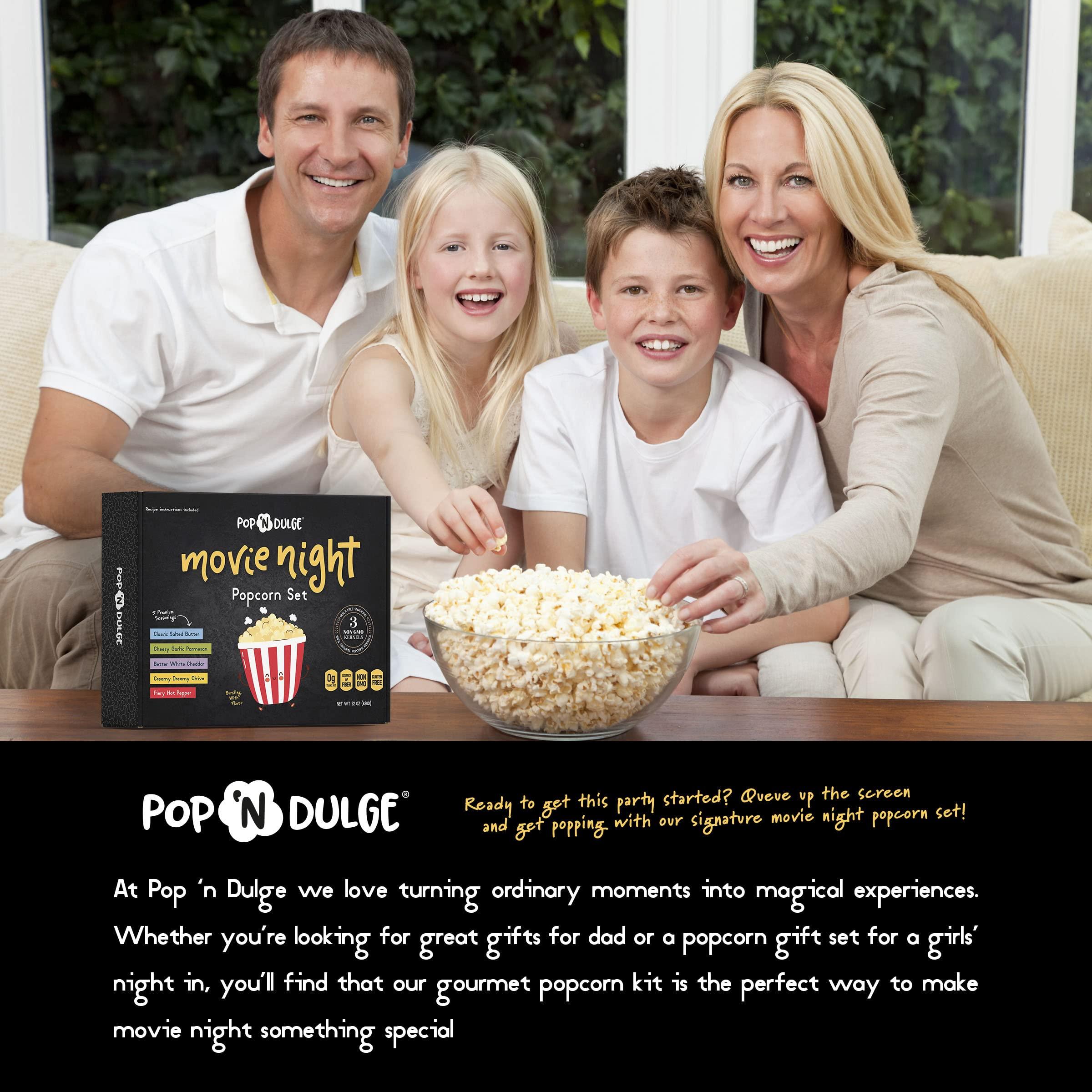Pop n' Dulge Popcorn Movie Night Supplies Popcorn Kernels Popcorn Seasoning 16 Pack, 5 Gourmet Popcorn Kernels, 5 Popcorn Seasoning Variety Packs Non-GMO Snacks, Includes 6 Bags, Gift Basket Idea