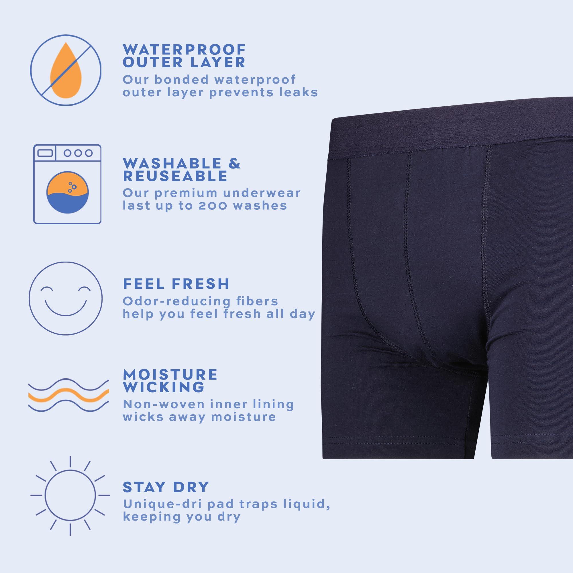 Wearever Wearever Mens Incontinence Trunk Style Boxer Briefs for Bladder Control with Regular Absorbency - Reusable & Washable Leak Proof Underwear for Men (Pack of 3) (Navy) (3XL) (Waist 46-48)